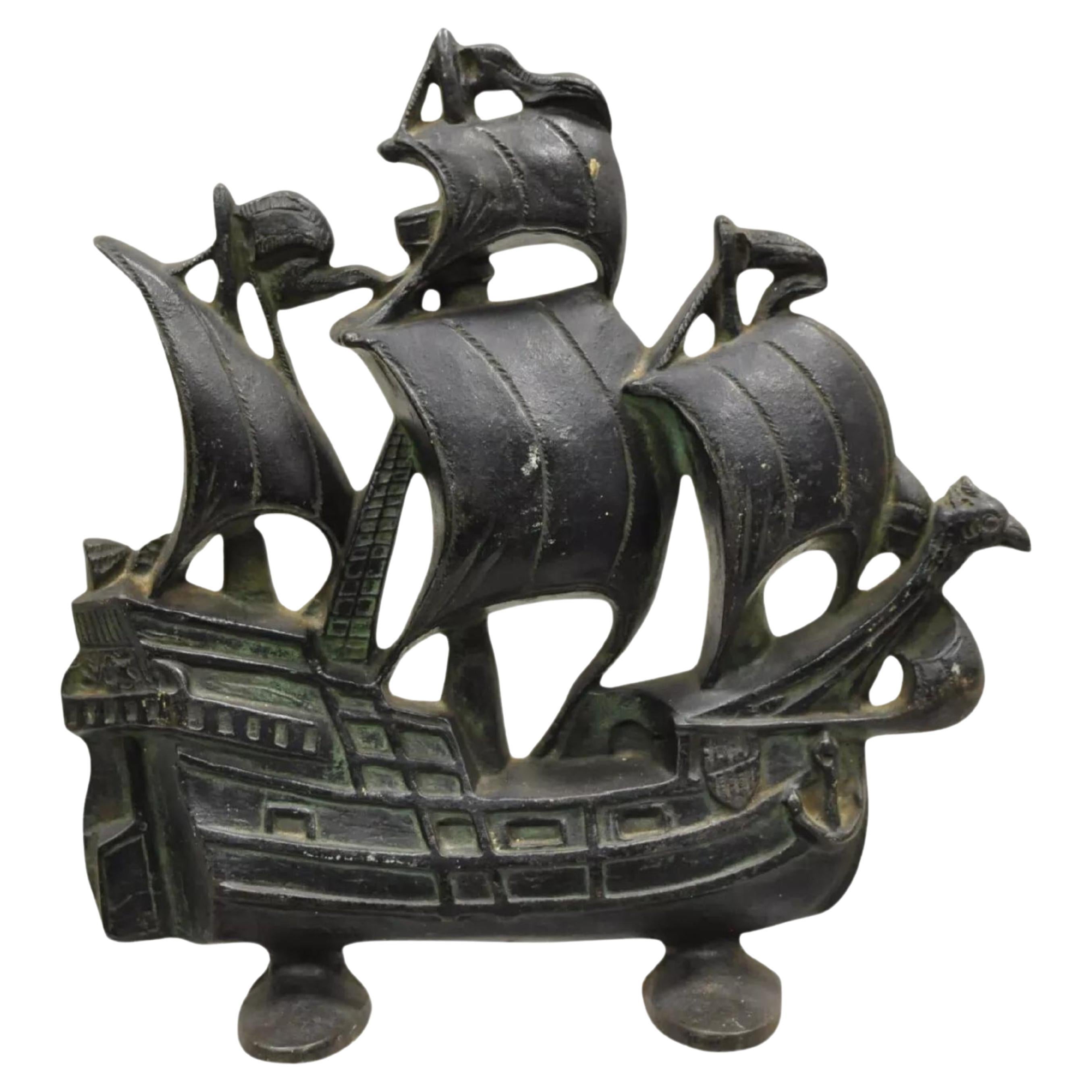 Antique Victorian 1930 Creation Co Cast Iron Figural Ship Boat Door Stop B For Sale