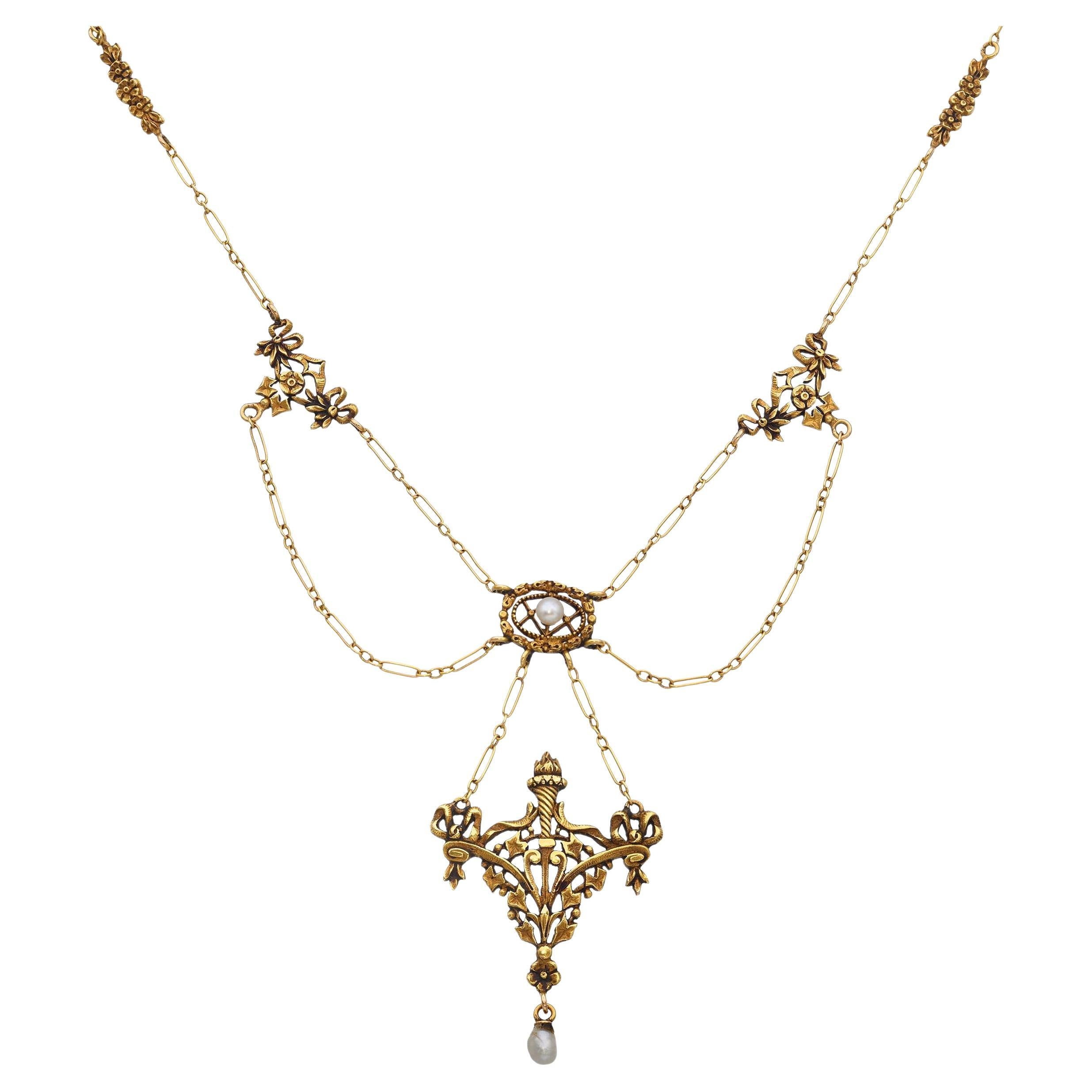 Collier victorien ancien en or jaune 19k avec feston de perles de rocaille naturelles en vente