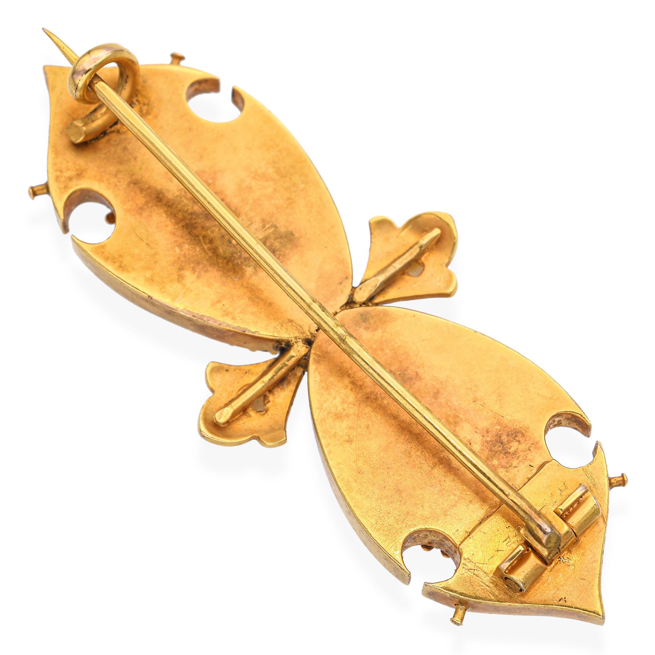 Antike viktorianische 19k Gelbgold gemalt Kristall-Overlay und Emaille-Brosche (Cabochon) im Angebot