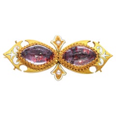 Antique Victorian 19k Yellow Gold Painted Crystal Overlay and Enamel Brooch