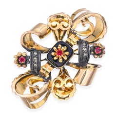 Antique Victorian 19k Yellow Gold & Silver Onyx and Red Paste Brooch