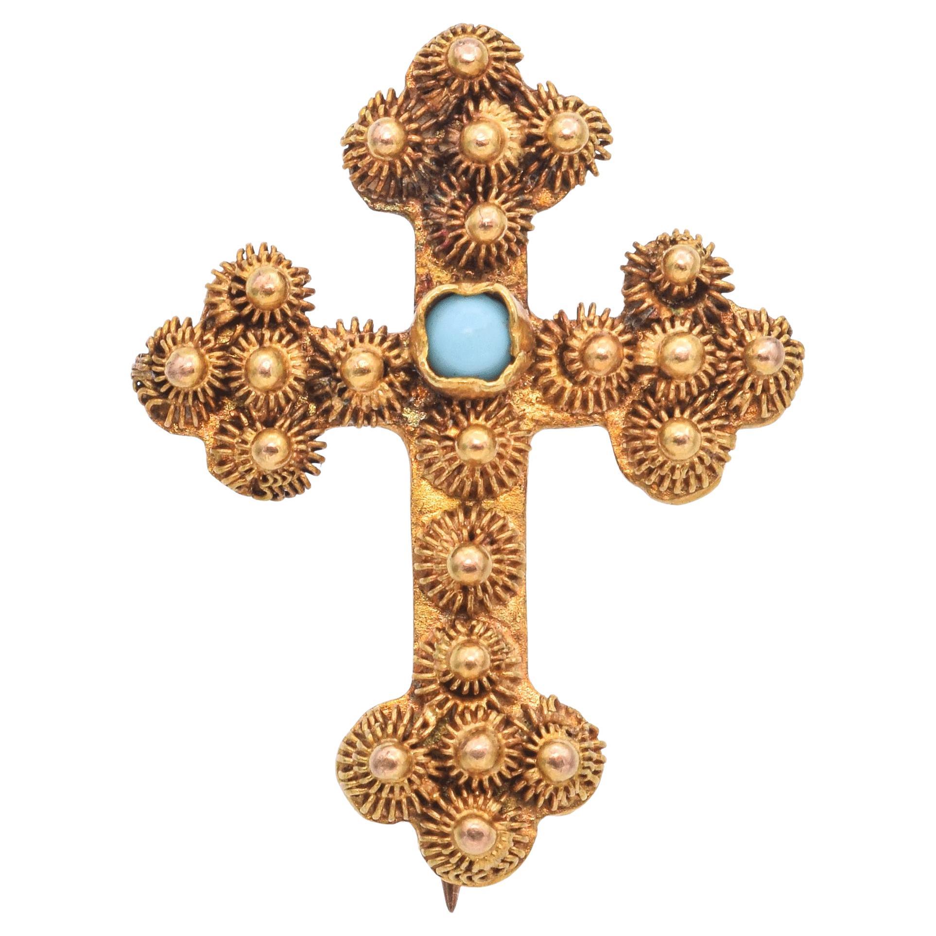 Broche croix victorienne ancienne en or jaune 19 carats et turquoise
