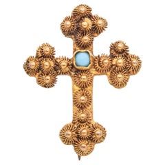 Antique Victorian 19K Yellow Gold Turquoise Cross Brooch