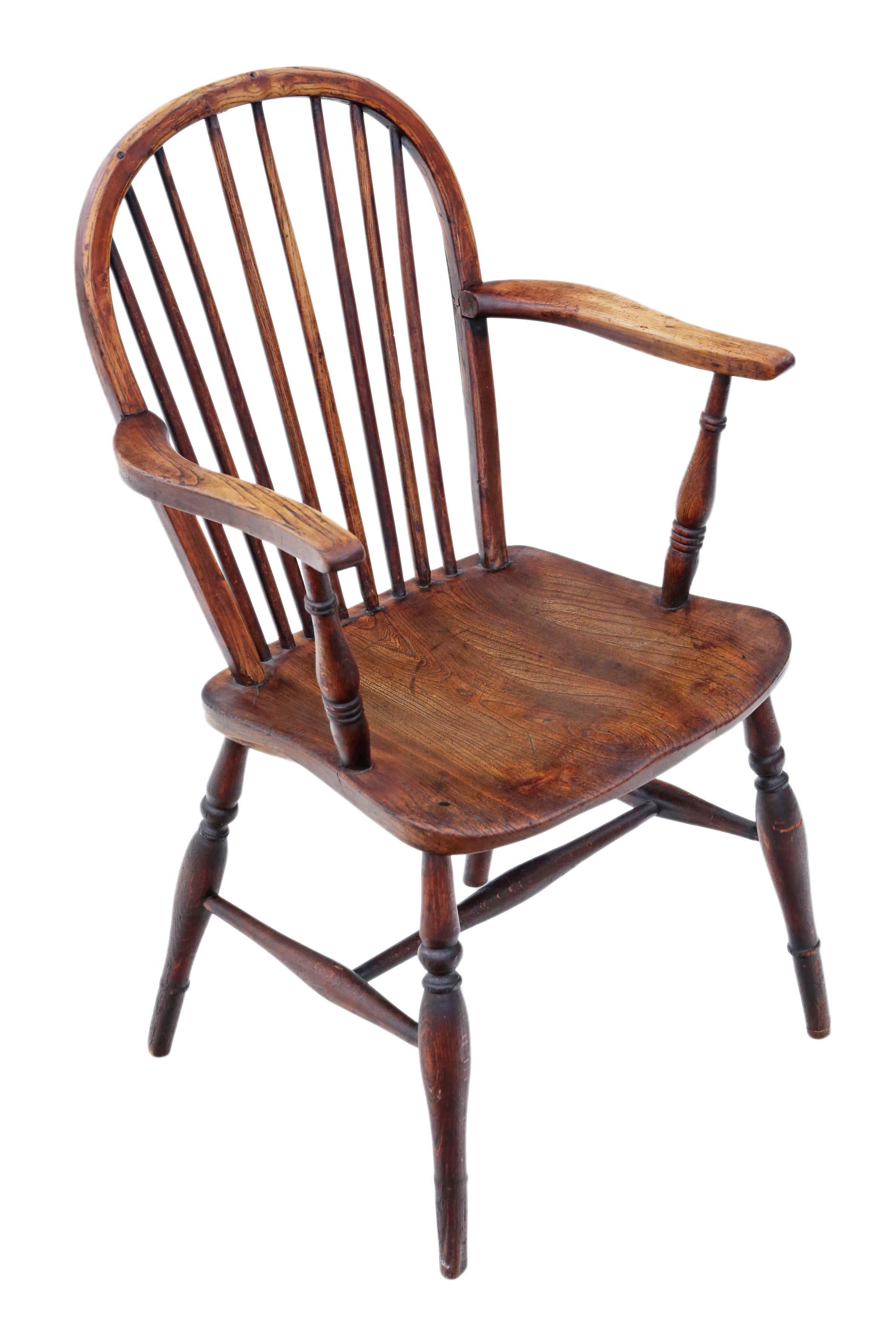 Antique Victorian 19th century mixed wood (ash, elm, yew and beech) Windsor chair dining armchair.

Solid and strong, with no loose joints and no woodworm. Full of age, character and charm. Very decorative chair with the best age and