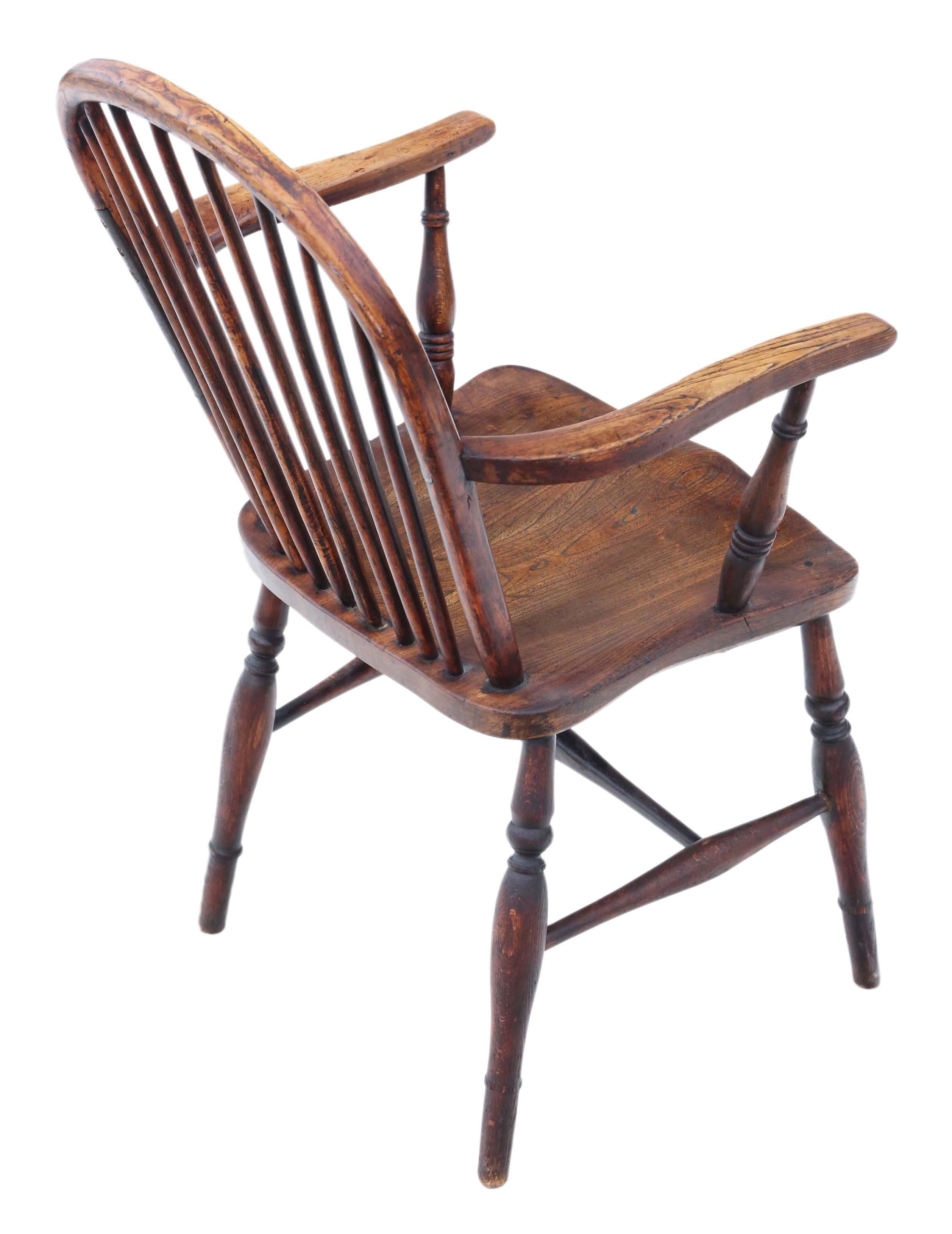 Antique Victorian 19th Century Ash Elm Yew Windsor Chair Dining Armchair In Good Condition In Wisbech, Cambridgeshire