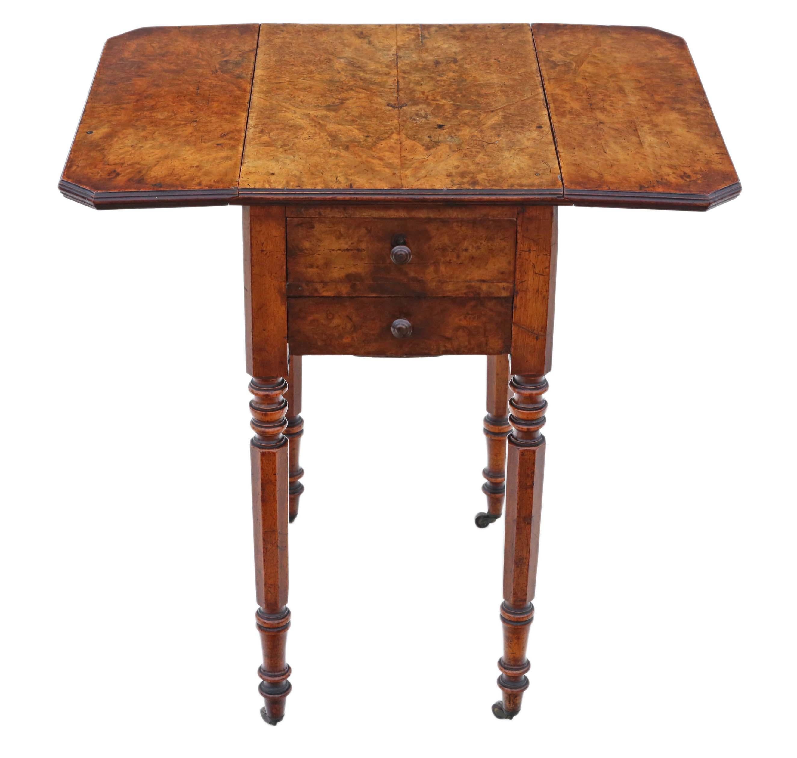 Antique Victorian 19th Century Burr Walnut Drop Leaf Work Table In Good Condition For Sale In Wisbech, Cambridgeshire