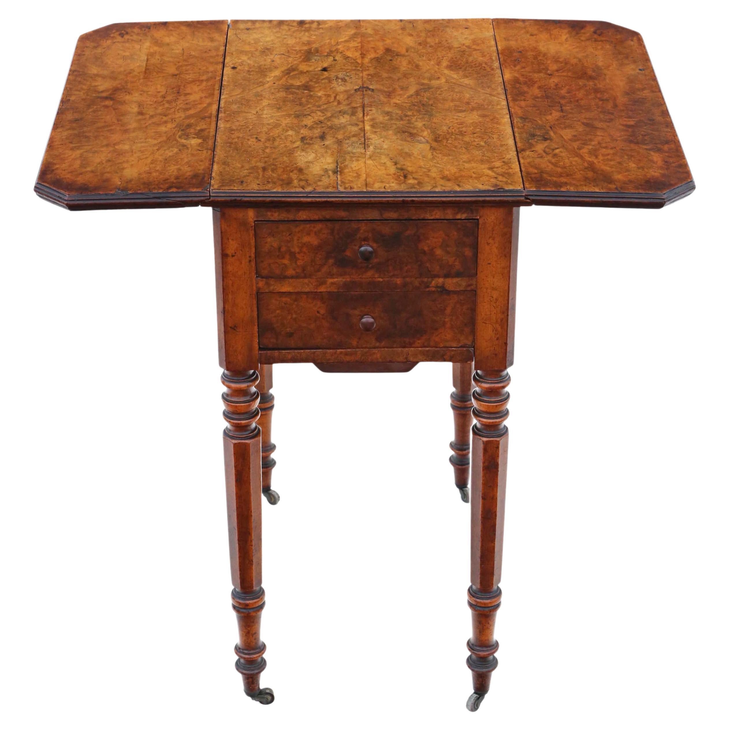 Antique Victorian 19th Century Burr Walnut Drop Leaf Work Table For Sale
