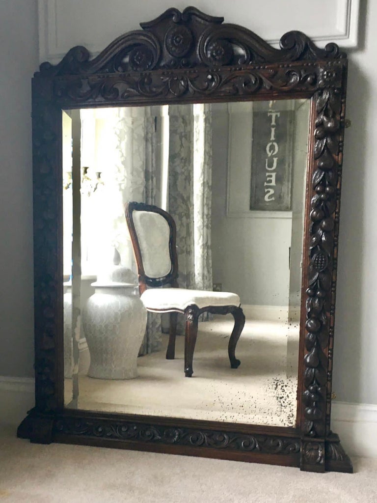 Antique Victorian 19th Century Carved Oak Free Standing Mirror For Sale