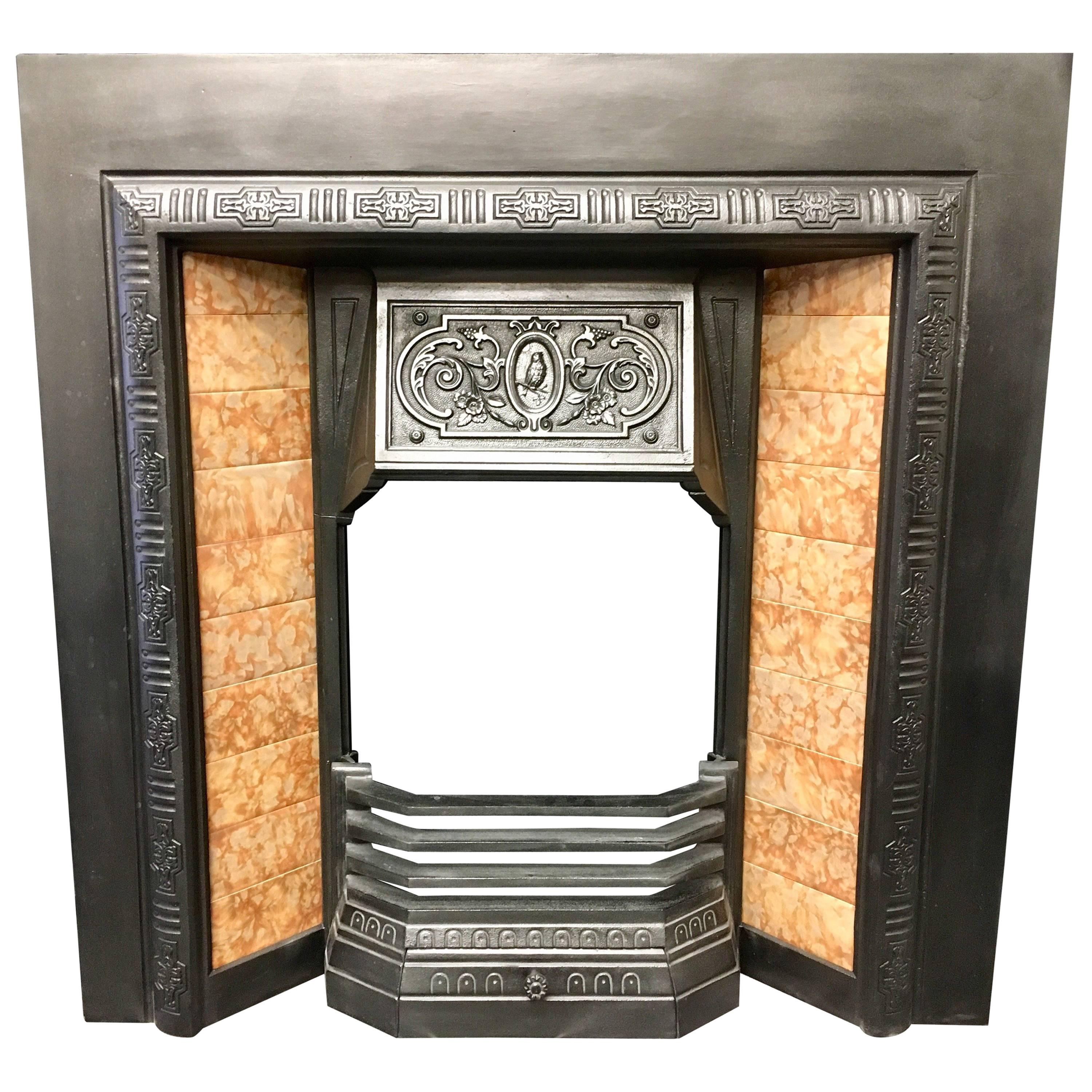 Antique Victorian 19th Century Cast Iron Tiled Fireplace Insert