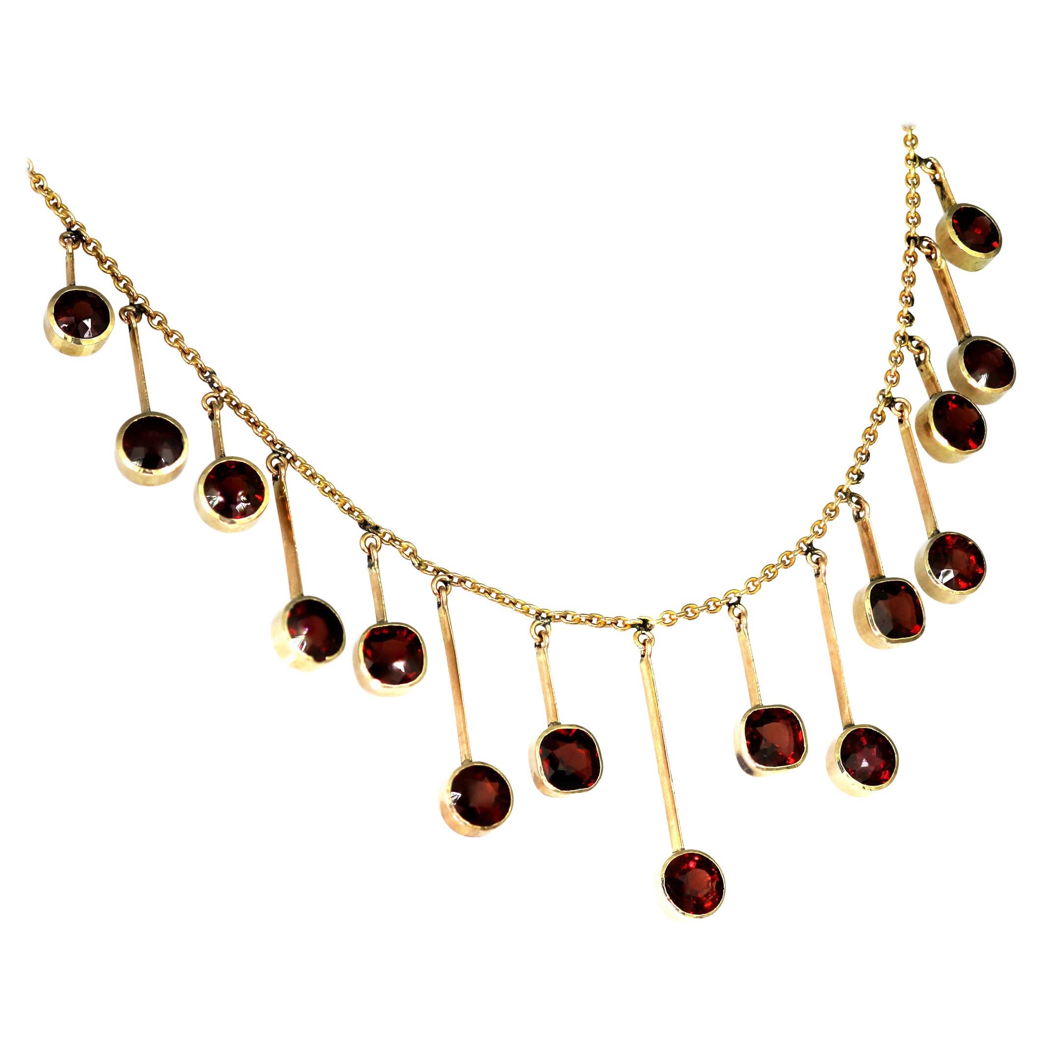 Antique Victorian 19th Century Garnet Fringe, Drop Necklace in Yellow Gold