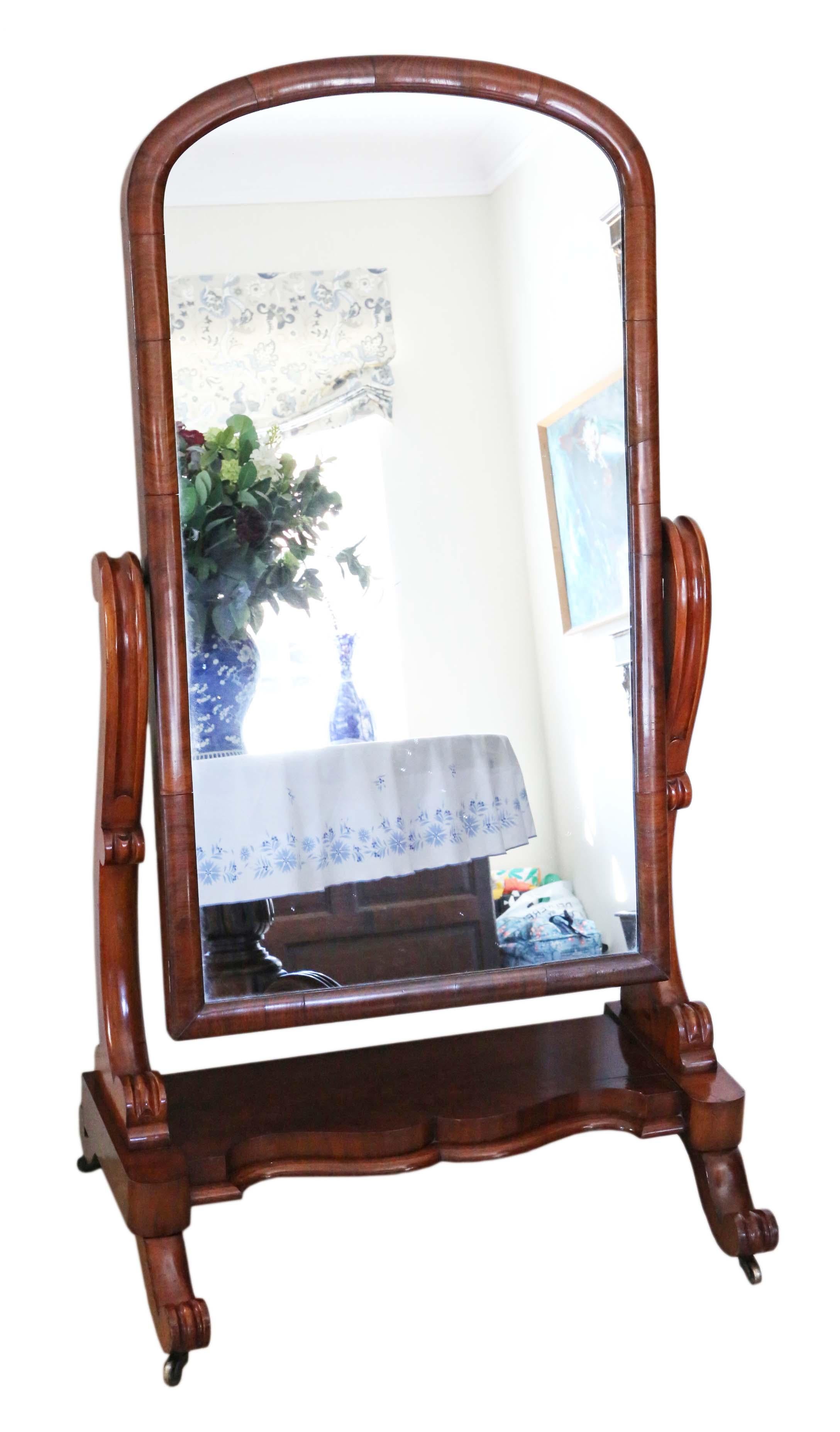 Antique Victorian 19th century quality mahogany cheval mirror C1870.

An impressive find, that would look amazing in the right location. No loose joints or woodworm.

The mirrored glass is in very good condition with only minor imperfections