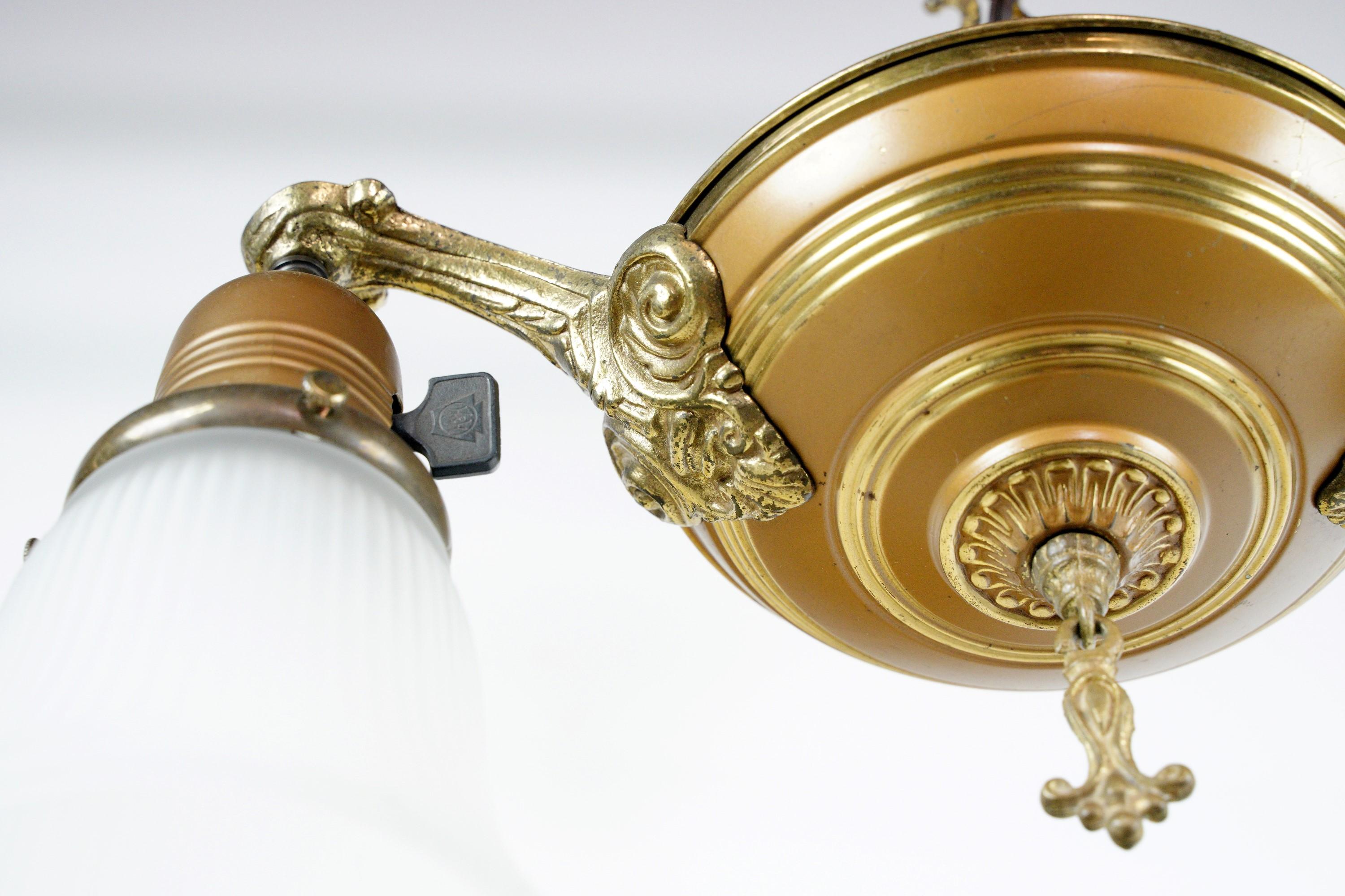 Antique Victorian 2 Arm Brass Pendant Light w Shades 6