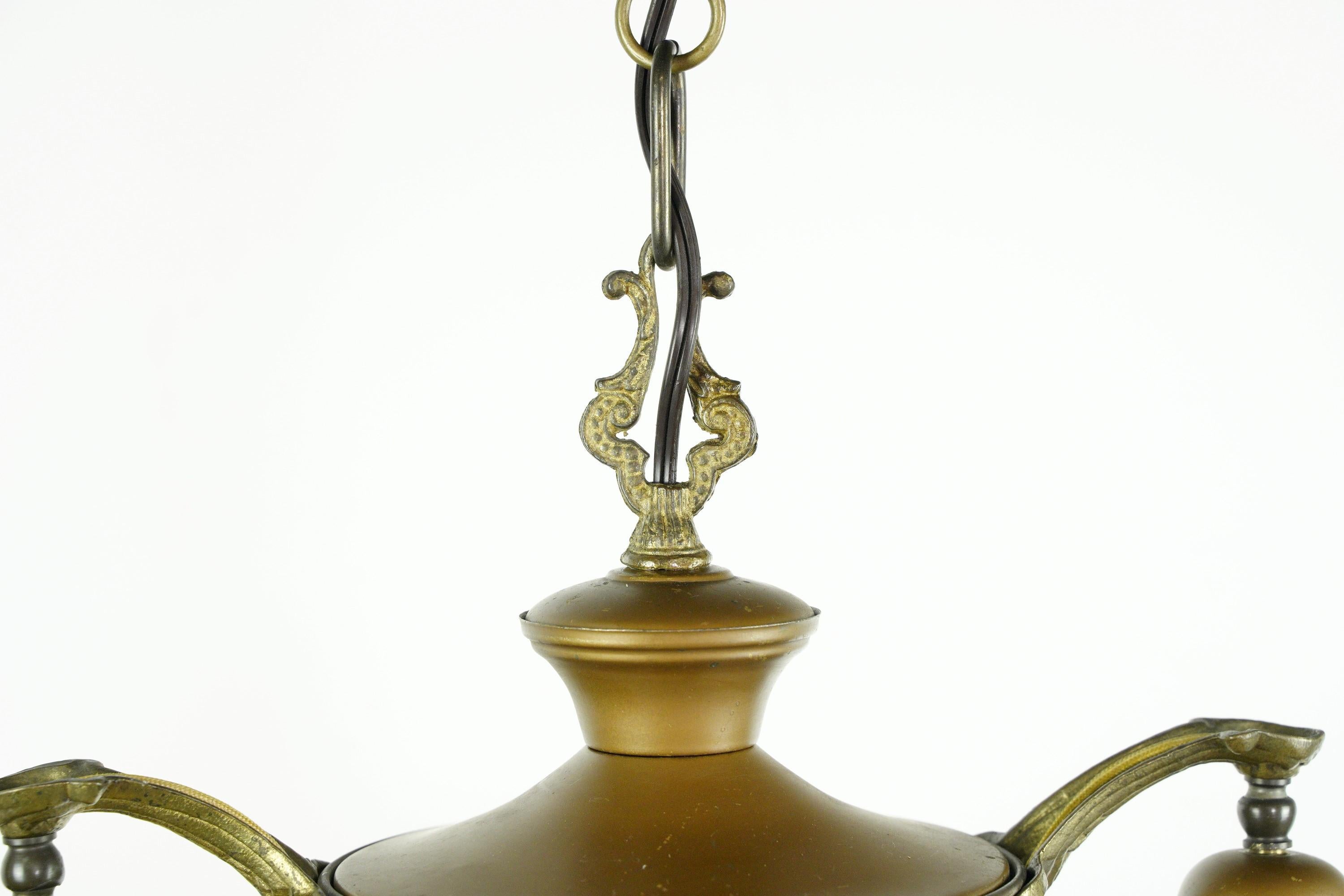 Antique Victorian 2 Arm Brass Pendant Light w Shades 7