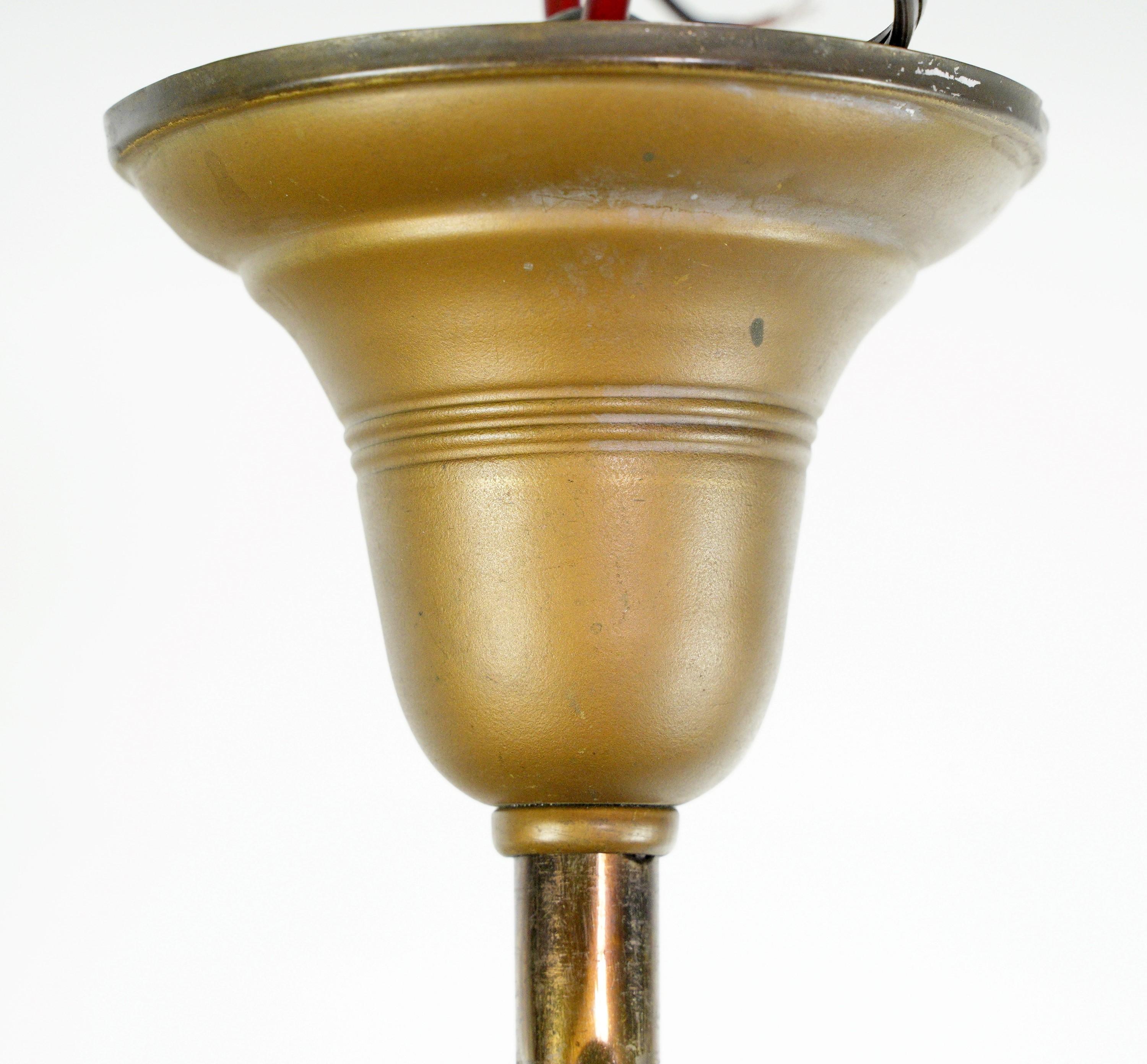 Antique Victorian 2 Arm Brass Pendant Light w Shades 8