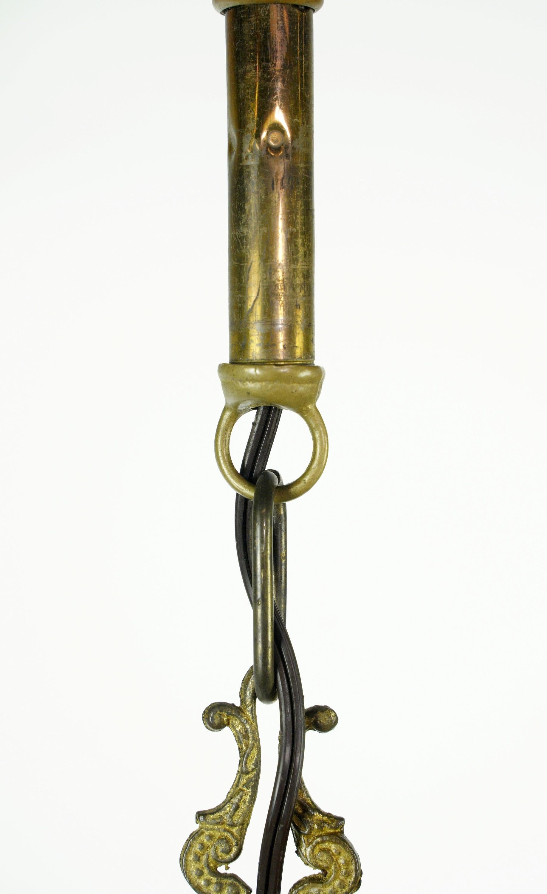 Antique Victorian 2 Arm Brass Pendant Light w Shades 10
