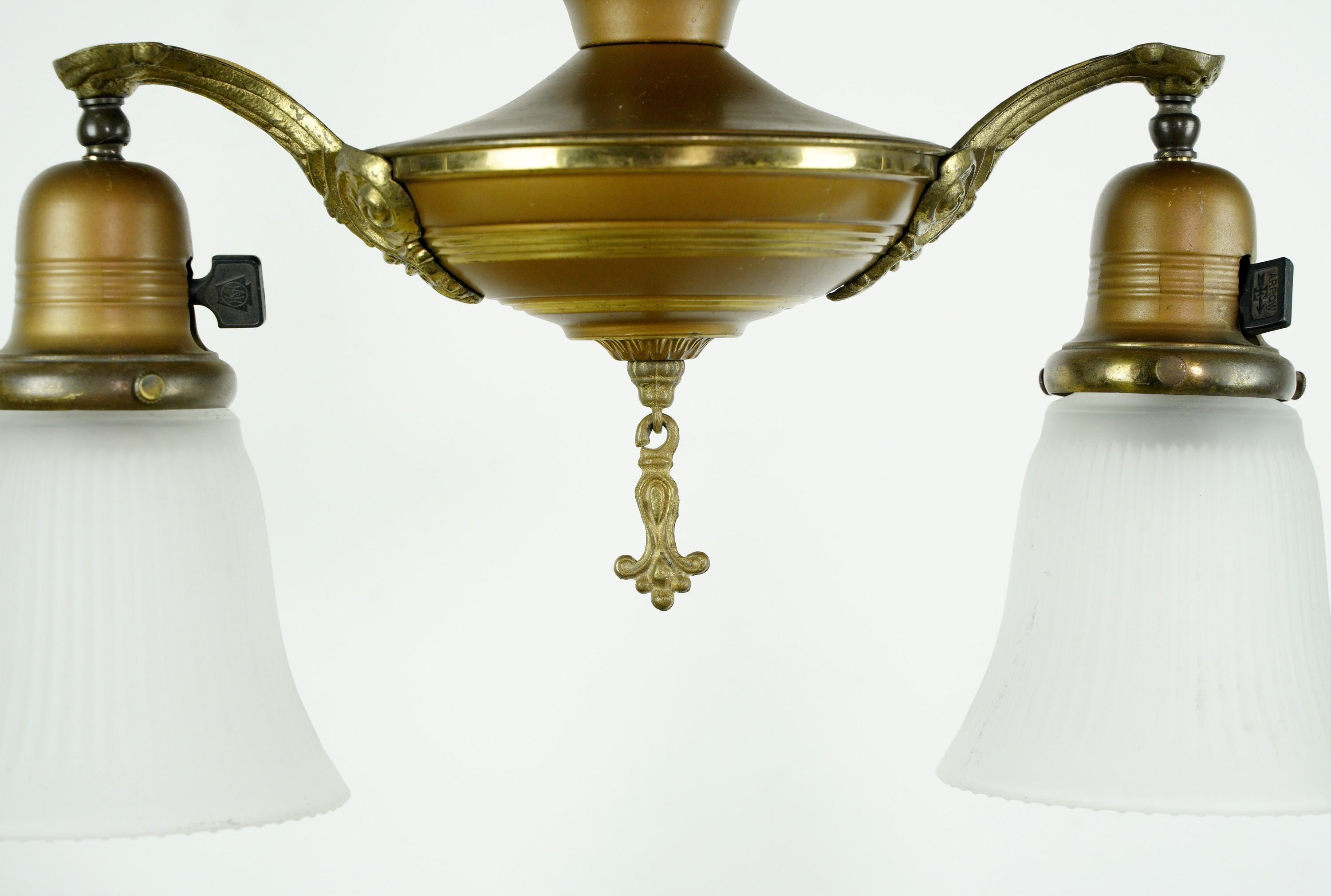 Antique Victorian 2 Arm Brass Pendant Light w Shades In Good Condition In New York, NY