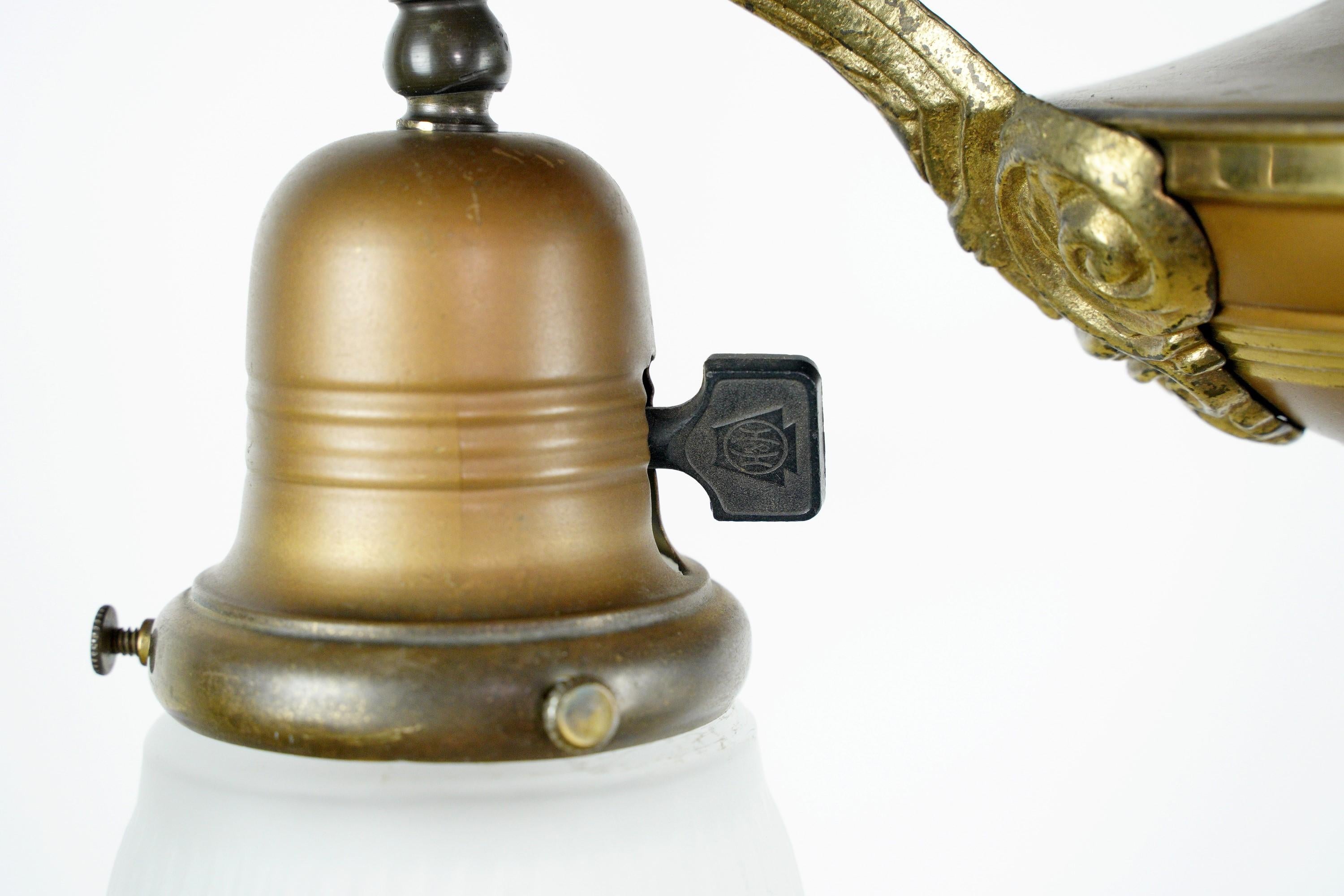20th Century Antique Victorian 2 Arm Brass Pendant Light w Shades