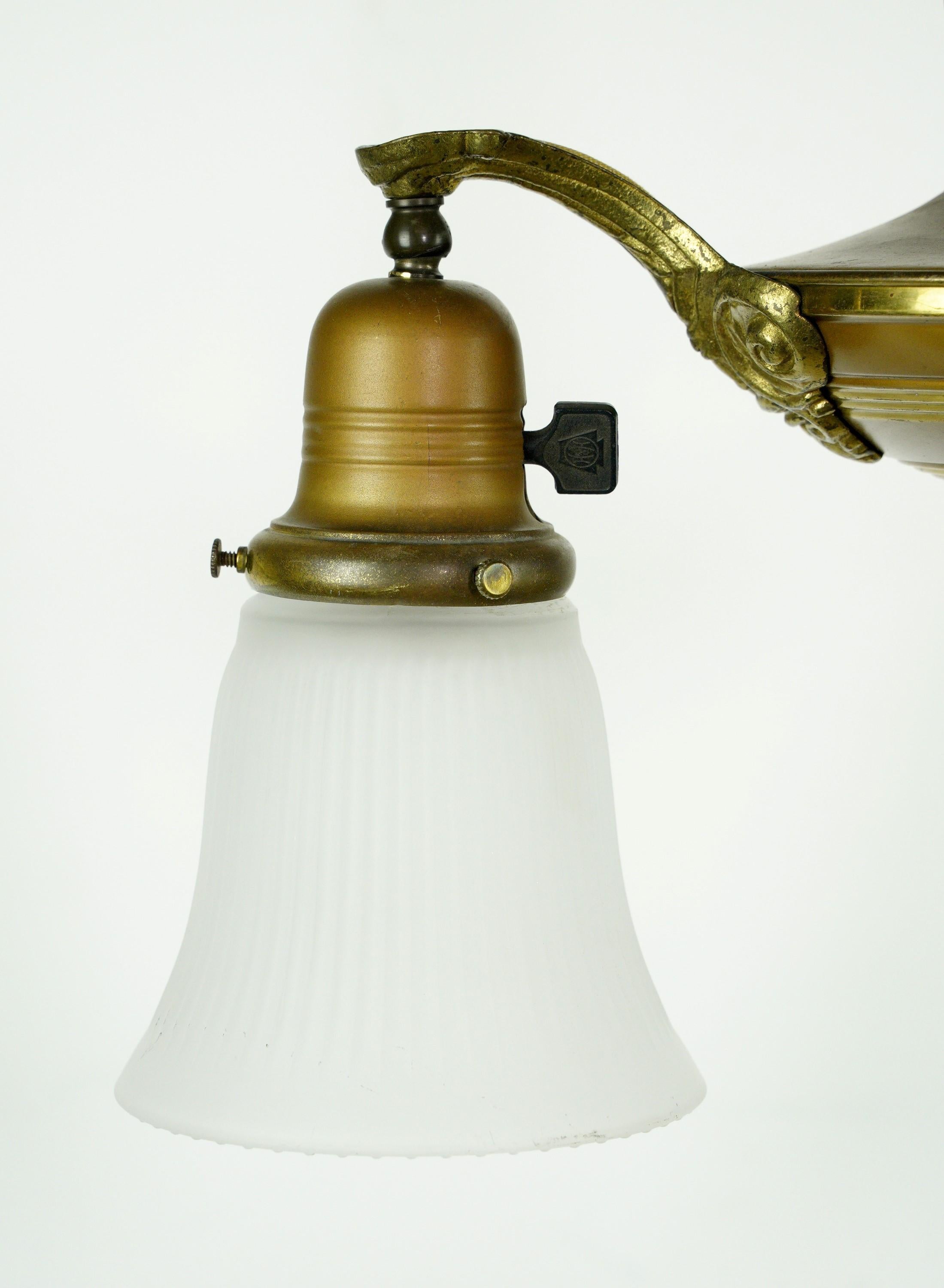 Antique Victorian 2 Arm Brass Pendant Light w Shades 2