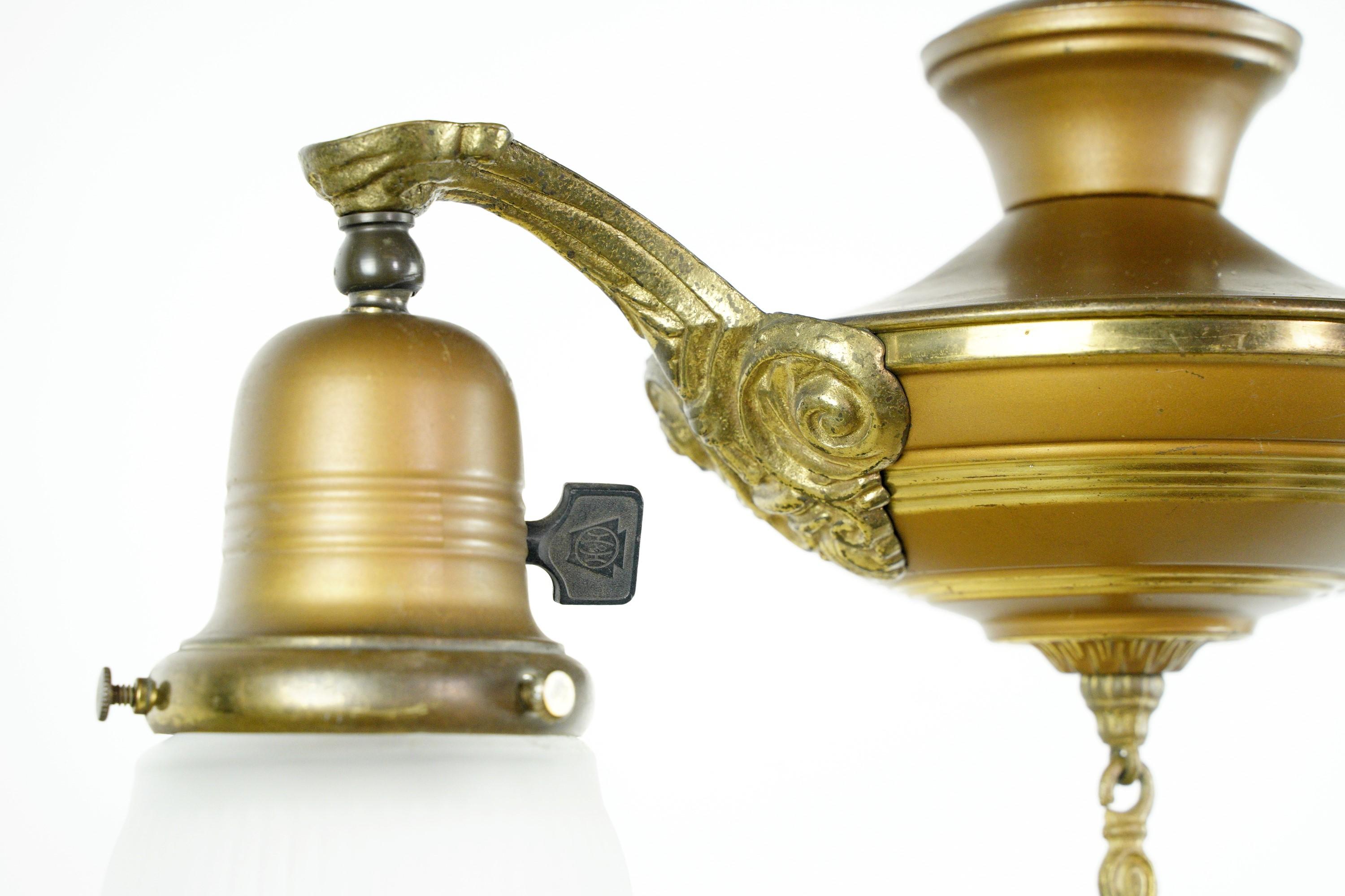 Antique Victorian 2 Arm Brass Pendant Light w Shades 3
