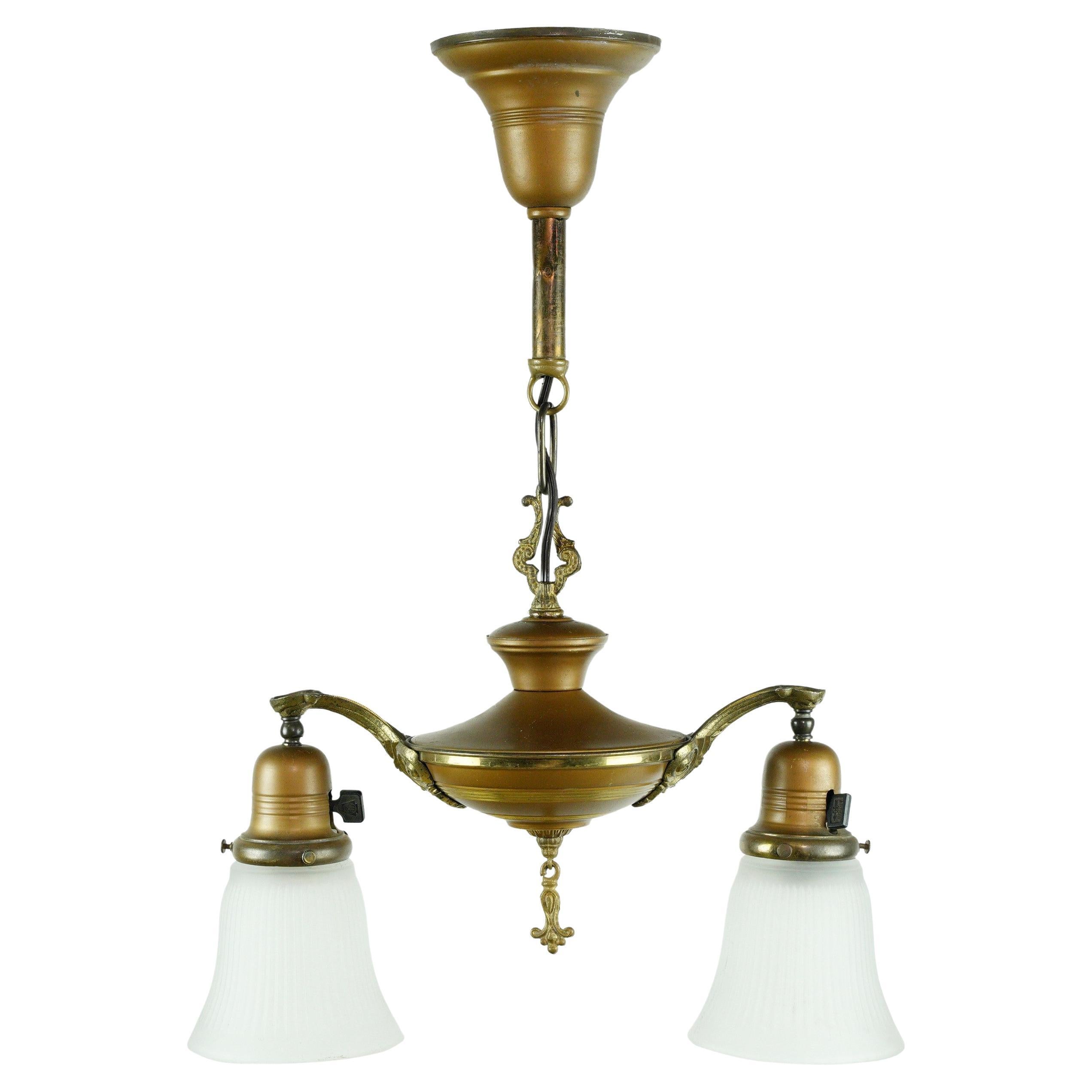 Antique Victorian 2 Arm Brass Pendant Light w Shades
