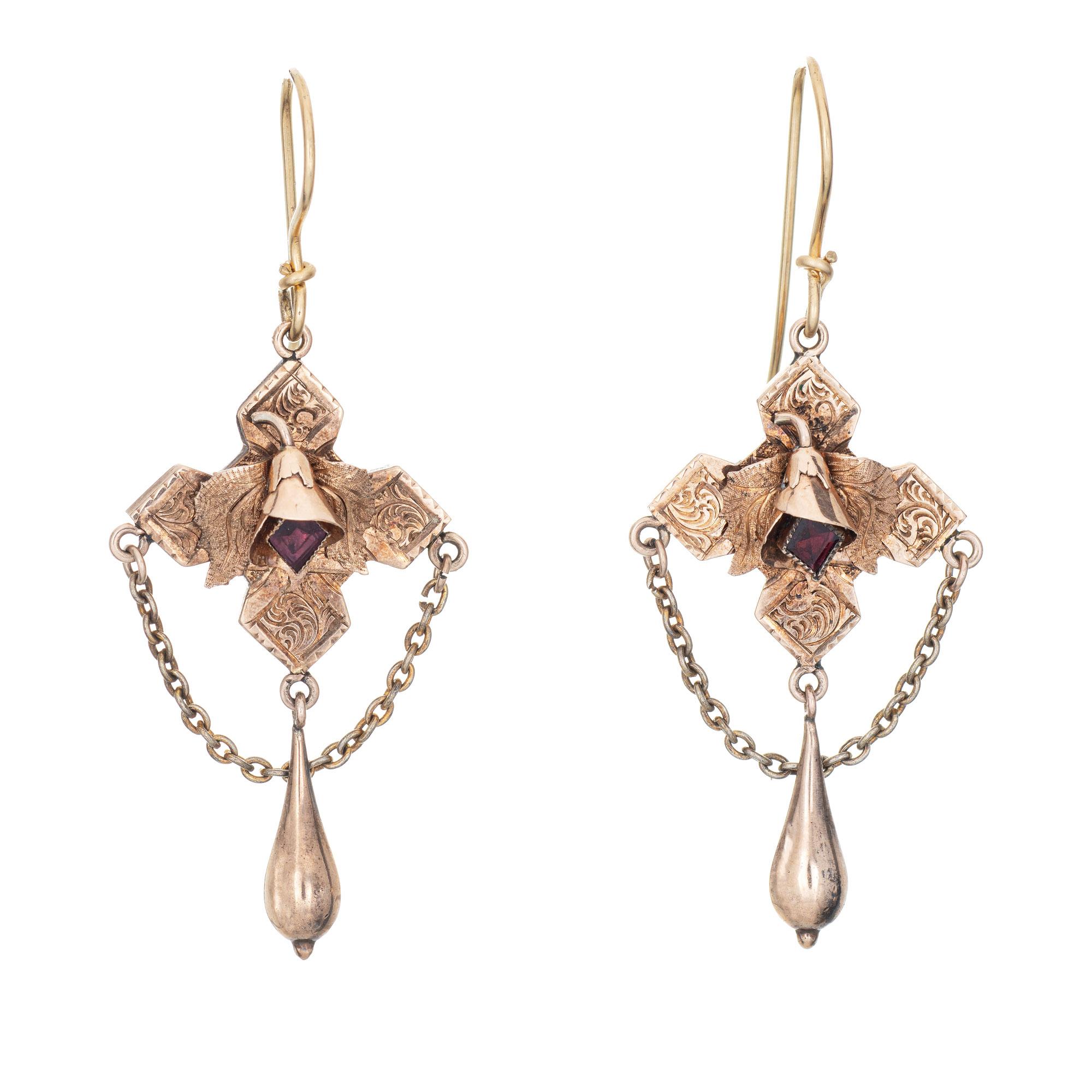 Antique Victorian Drop Earrings Amethyst 10k Rose Gold Vintage Jewelry Leaf In Good Condition In Torrance, CA