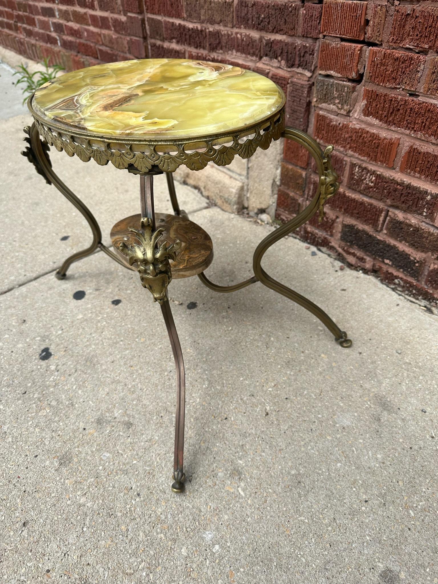 Hollywood Regency Antique Victorian 2 Tier An Ornate Onyx and Brass Figural Devil Heads Side Table