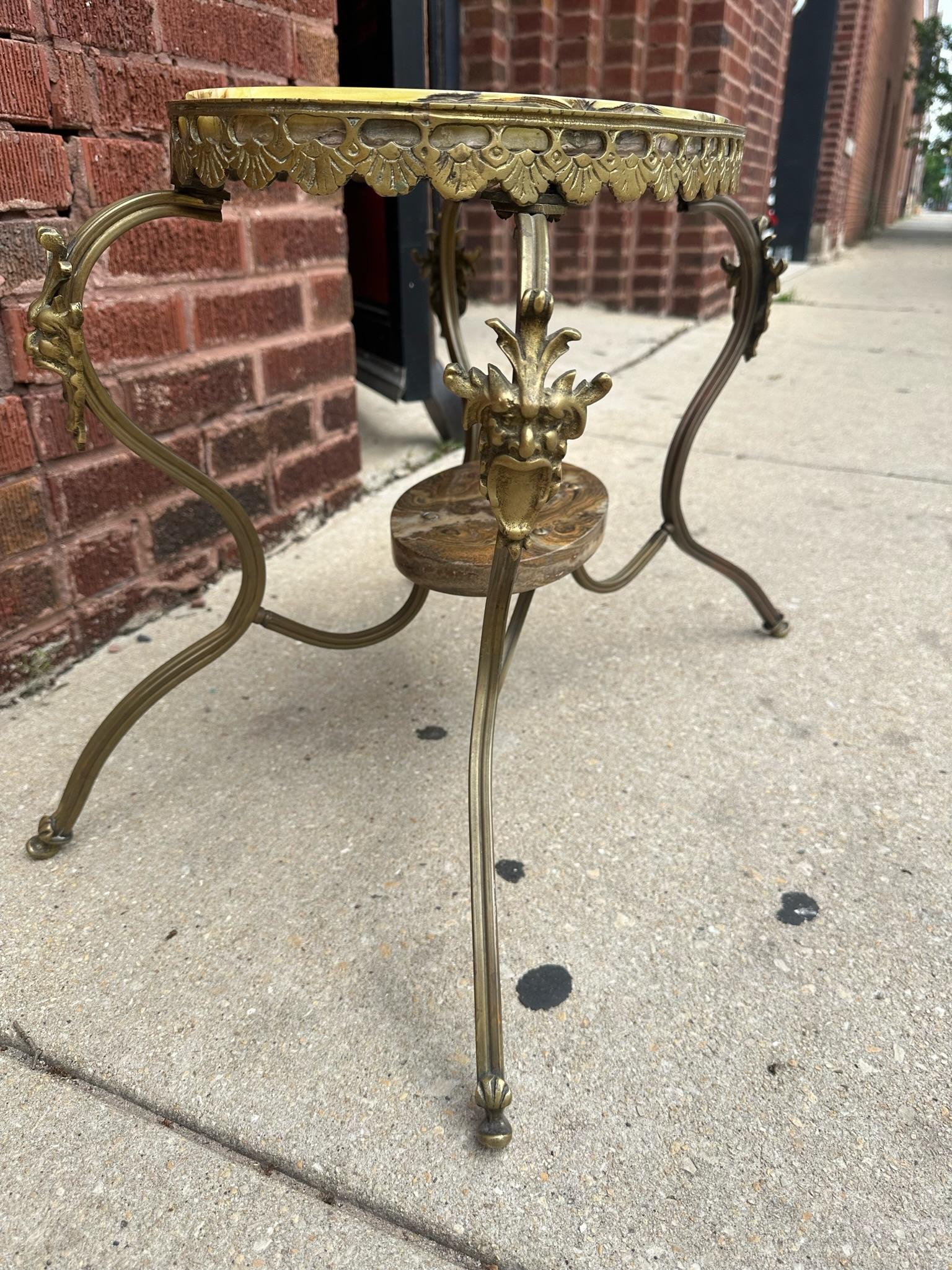 Italian Antique Victorian 2 Tier An Ornate Onyx and Brass Figural Devil Heads Side Table