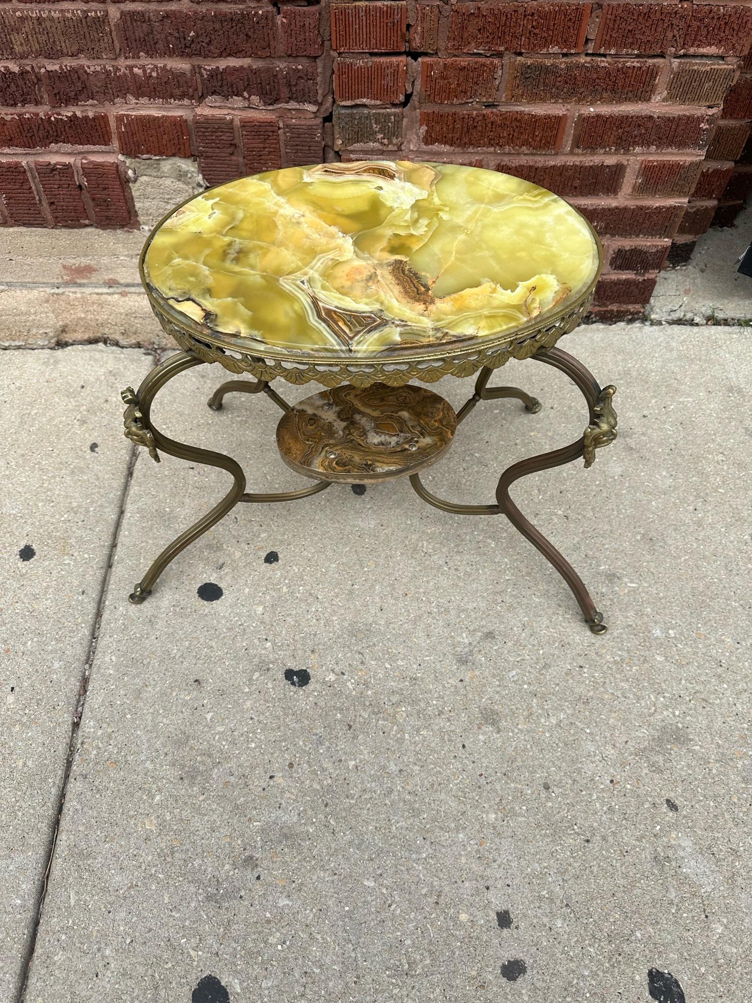 Hand-Crafted Antique Victorian 2 Tier An Ornate Onyx and Brass Figural Devil Heads Side Table