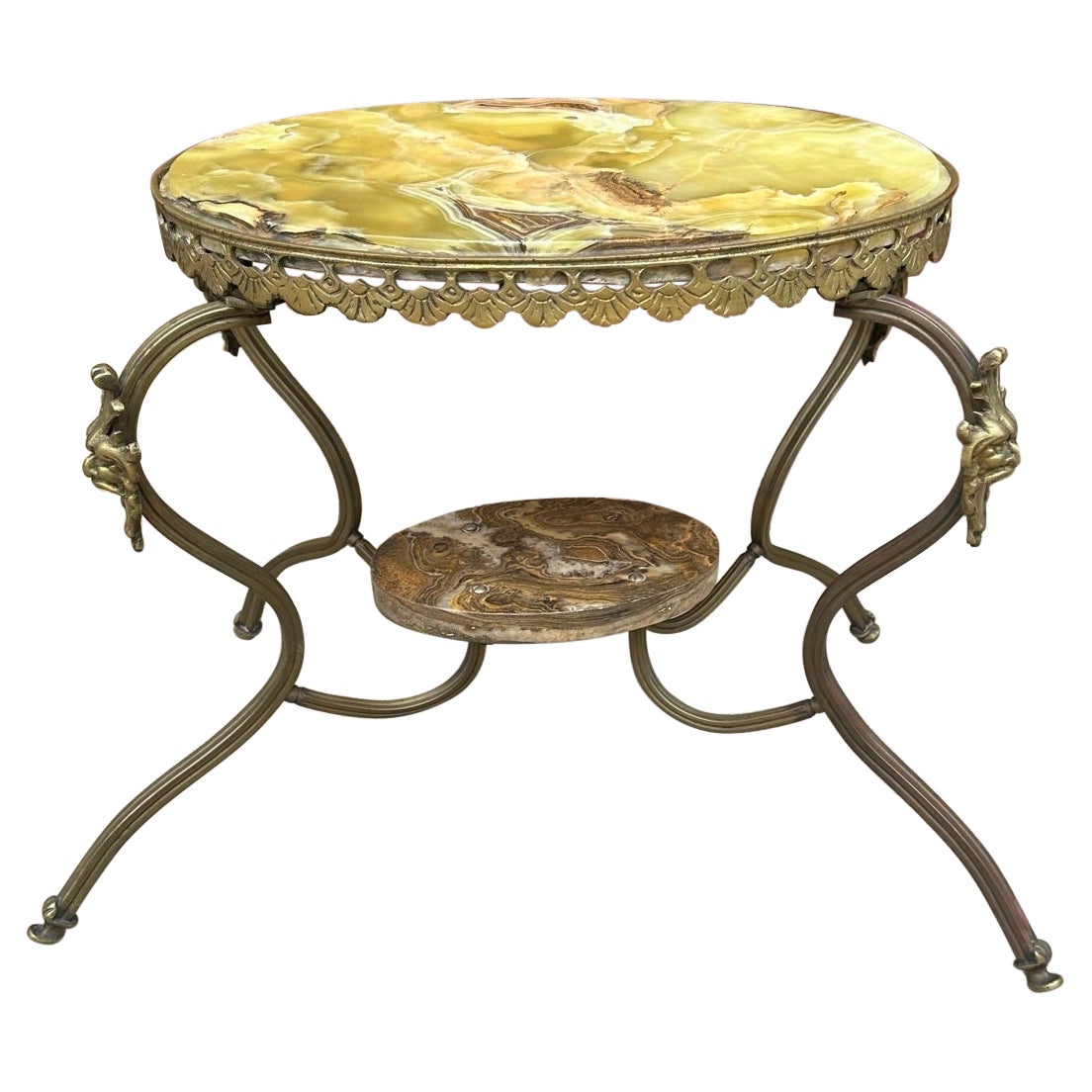 Antique Victorian 2 Tier An Ornate Onyx and Brass Figural Devil Heads Side Table