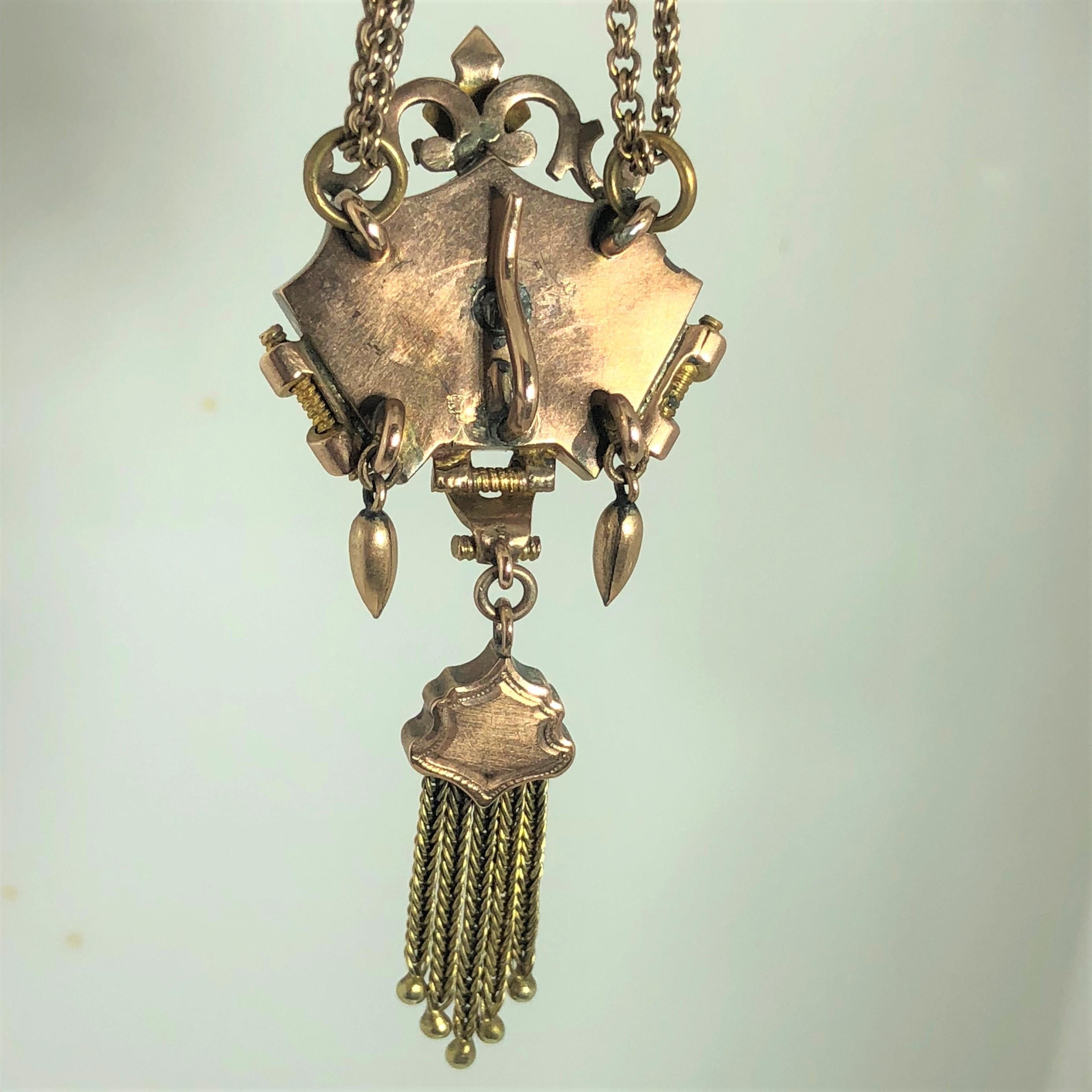 Antique Victorian 2-Tone Gold Seed Pearl Enamel and Tassel Double Chain Necklace 8