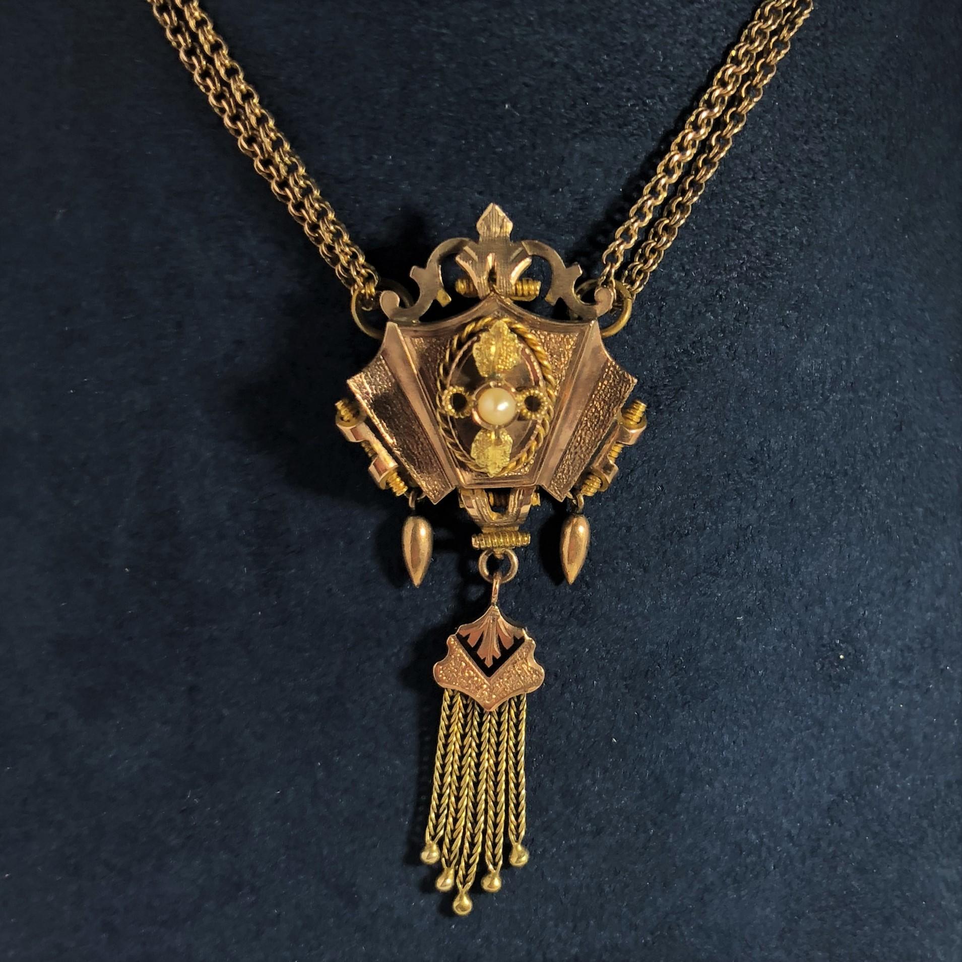 Antique Victorian 2 Tone Gold Seed Pearl, Enamel and Tassel Double Chain Necklace. This piece is very special, and in mint condition. Early Victorian it is created in approx. 15 karat yellow and rose gold , weight 20.2 grams. The gold work is