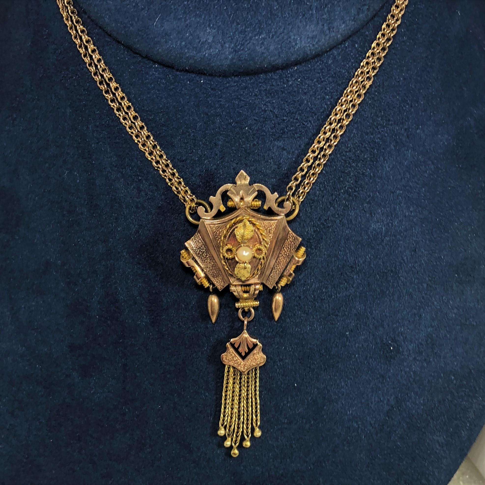 Round Cut Antique Victorian 2-Tone Gold Seed Pearl Enamel and Tassel Double Chain Necklace