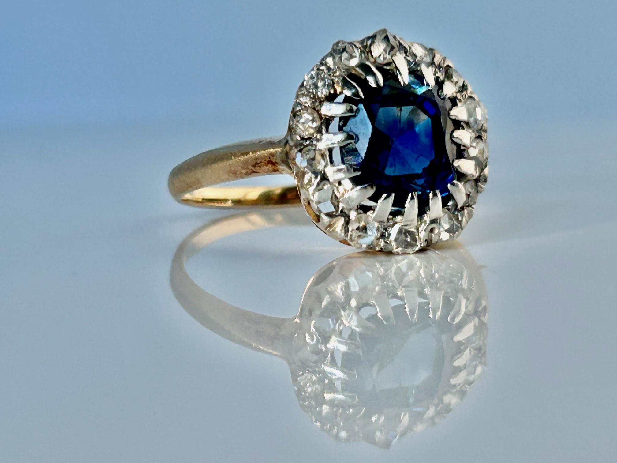 Viktorianischer 2,29 Karat Kissenschliff Ceylon Saphir Diamant Halo 18k Gold und Platin im Zustand „Gut“ im Angebot in Joelton, TN