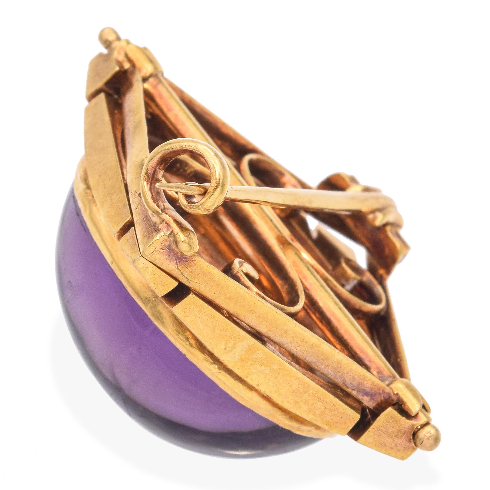 Antique Victorian 20K Yellow Gold 35.6ct Amethyst Cabochon Brooch For Sale 1