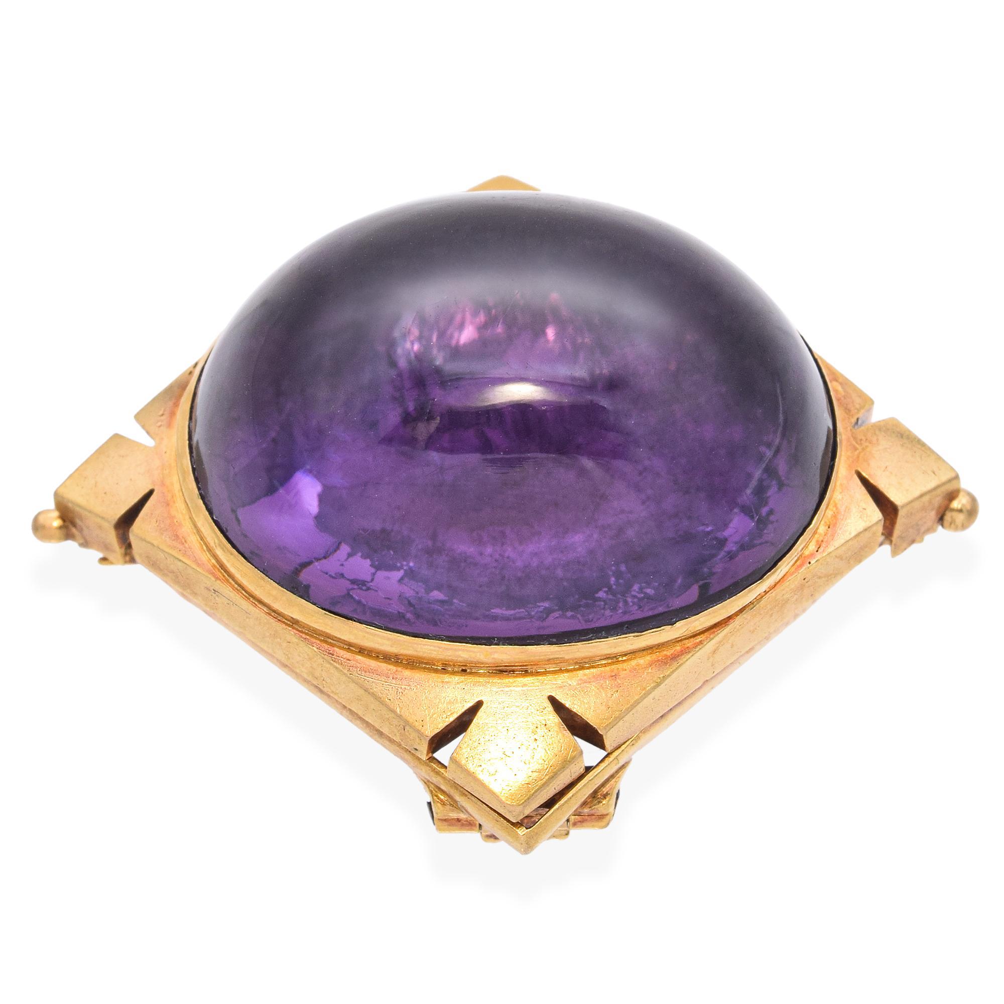 Antique Victorian 20K Yellow Gold 35.6ct Amethyst Cabochon Brooch For Sale 2