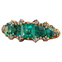 Antique Victorian 20k Yellow Gold Colombian Emerald and Diamond Five Stone Ring