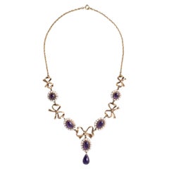 Antique Victorian 21 Carats Amethyst and Seed Pearl Swag 14K Gold Necklace