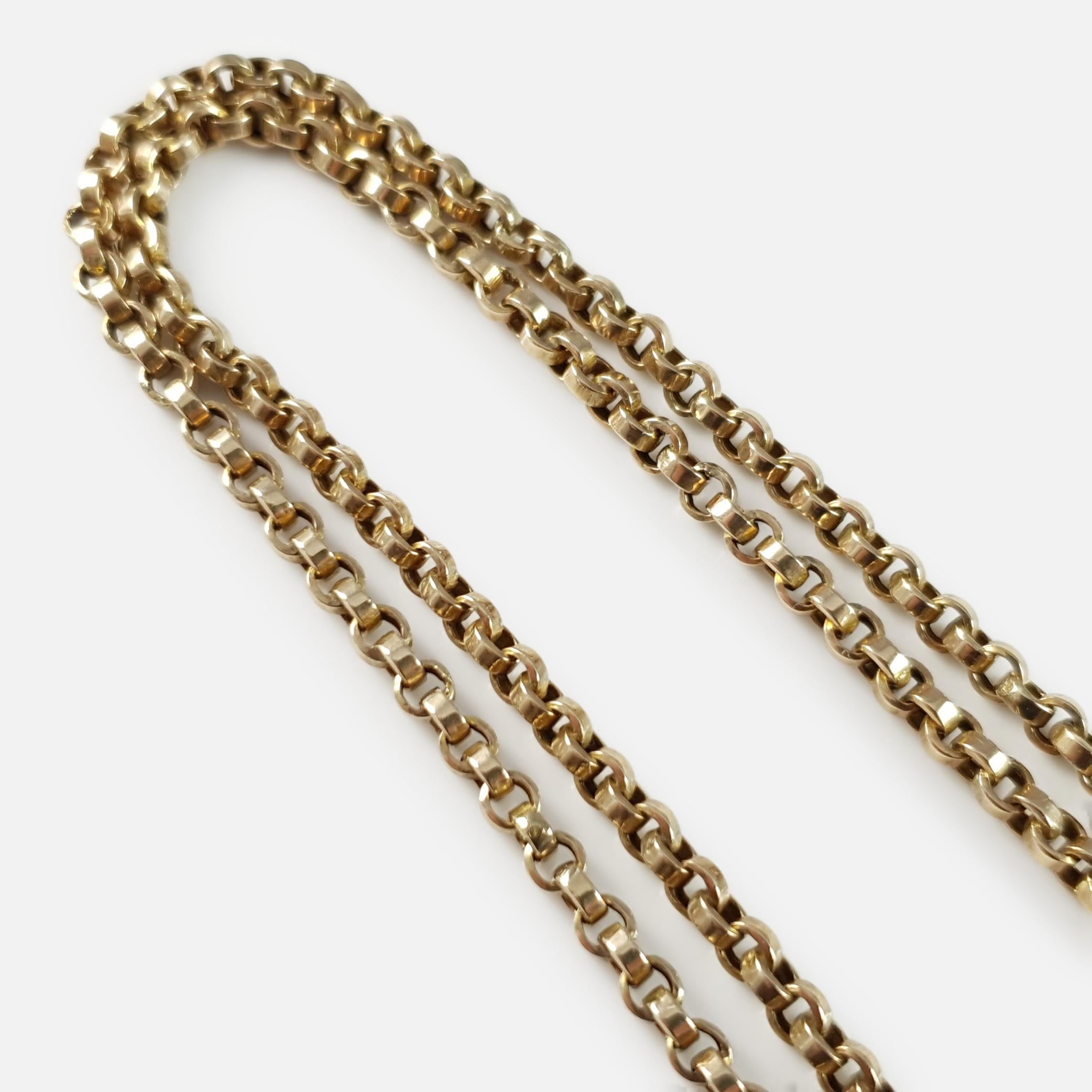 Antique Victorian 21.4 Grams 9 Karat Yellow Gold Long Guard Muff Chain In Good Condition In Glasgow, GB