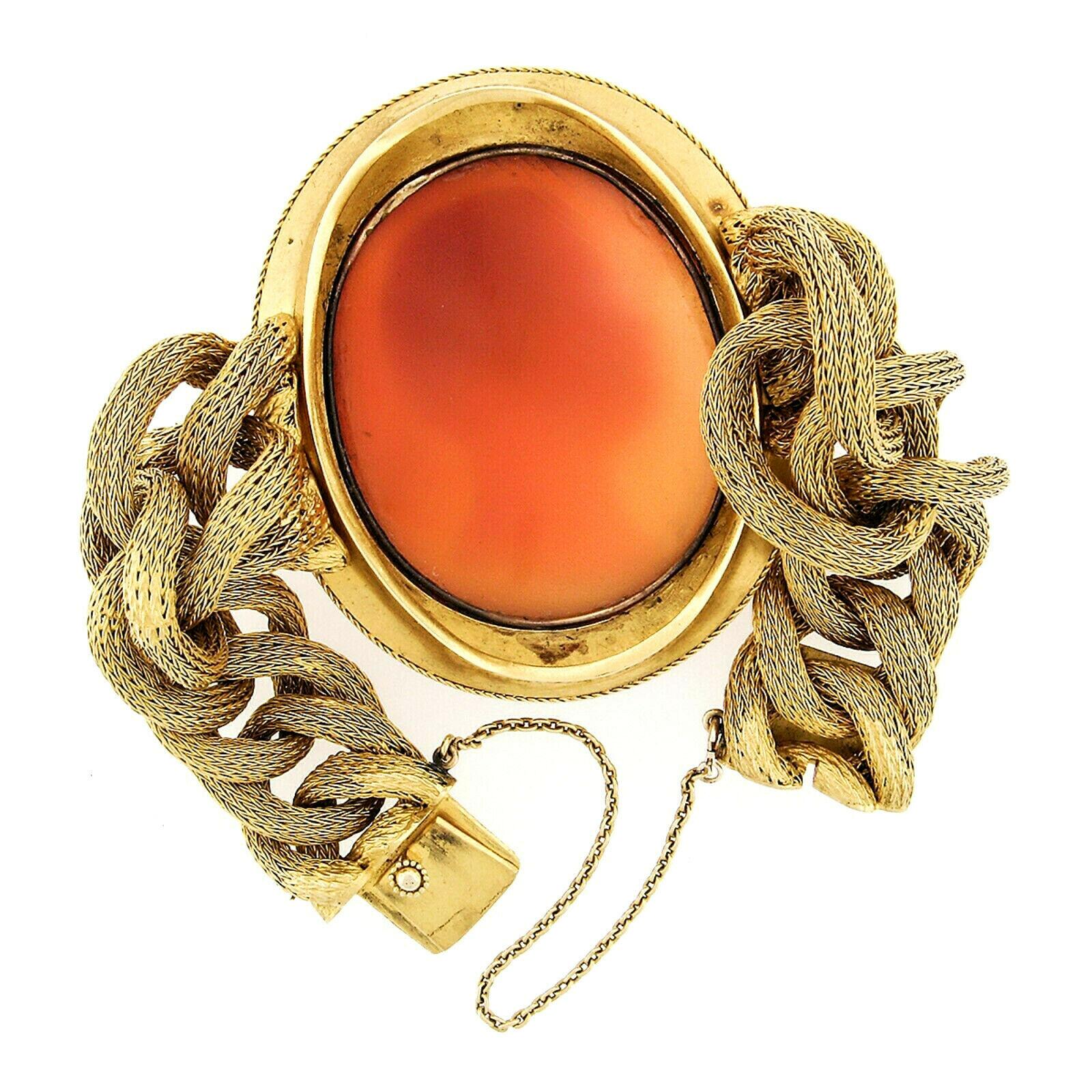 Women's or Men's Victorian 21 Karat Gold Large Thomas Saulini Cameo Curb Mesh Link Bracelet For Sale