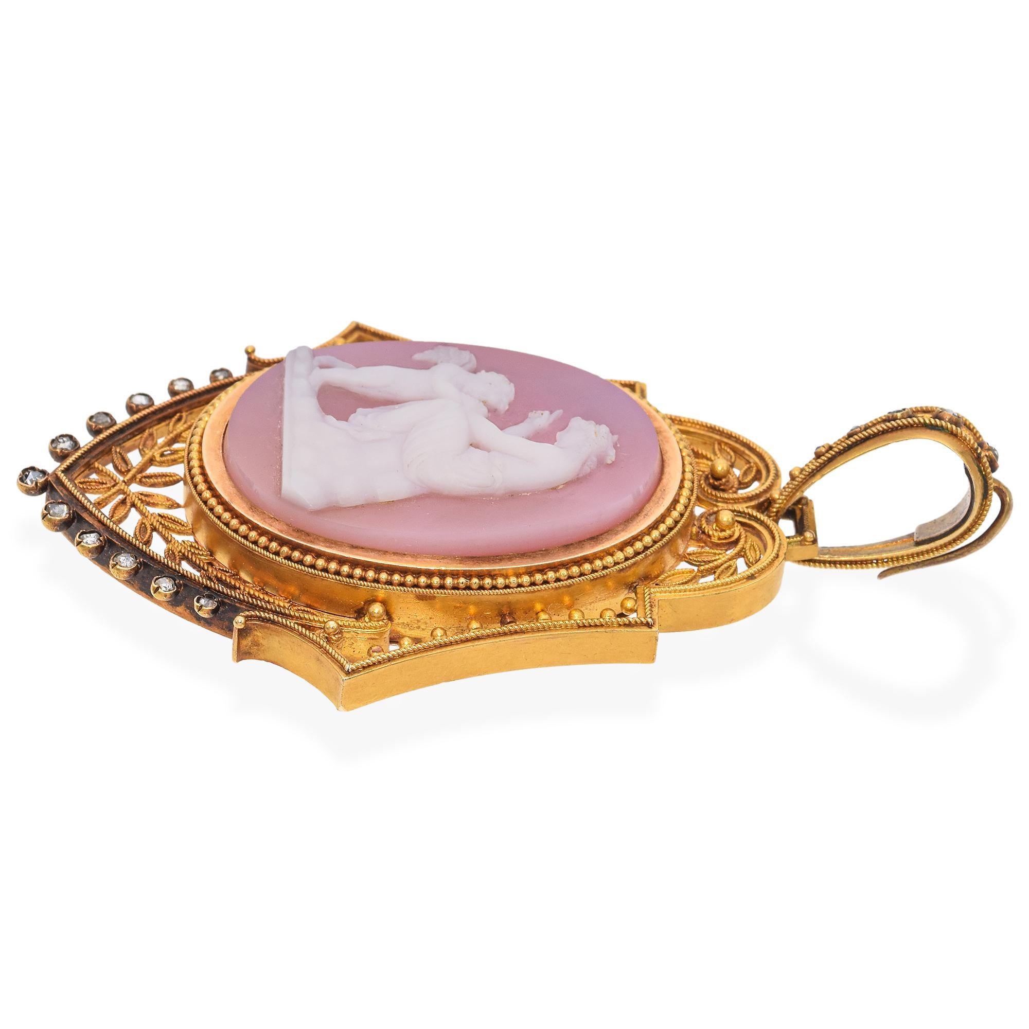 Cabochon Antique Victorian 21k Yellow Gold Hardstone Cameo Pendant with Cannetille Detail For Sale