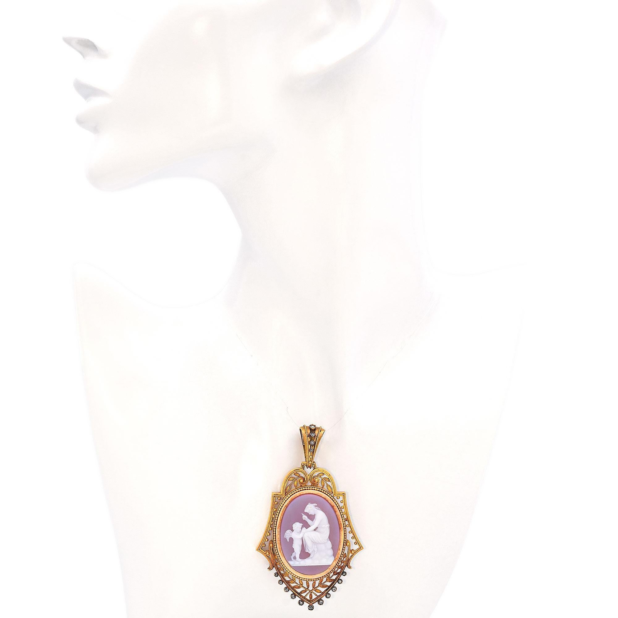 Women's Antique Victorian 21k Yellow Gold Hardstone Cameo Pendant with Cannetille Detail For Sale