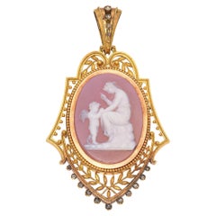 Antique Victorian 21k Yellow Gold Hardstone Cameo Pendant with Cannetille Detail