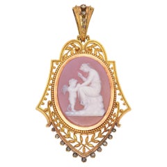 Antique Victorian 21k Yellow Gold Hardstone Cameo Pendant with Cannetille Detail
