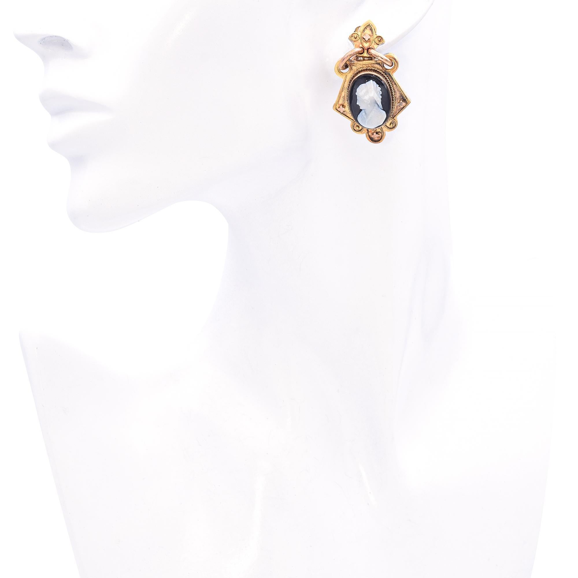 Uncut Antique Victorian 21k Yellow Gold Hardstone Cameo Statement Earrings For Sale