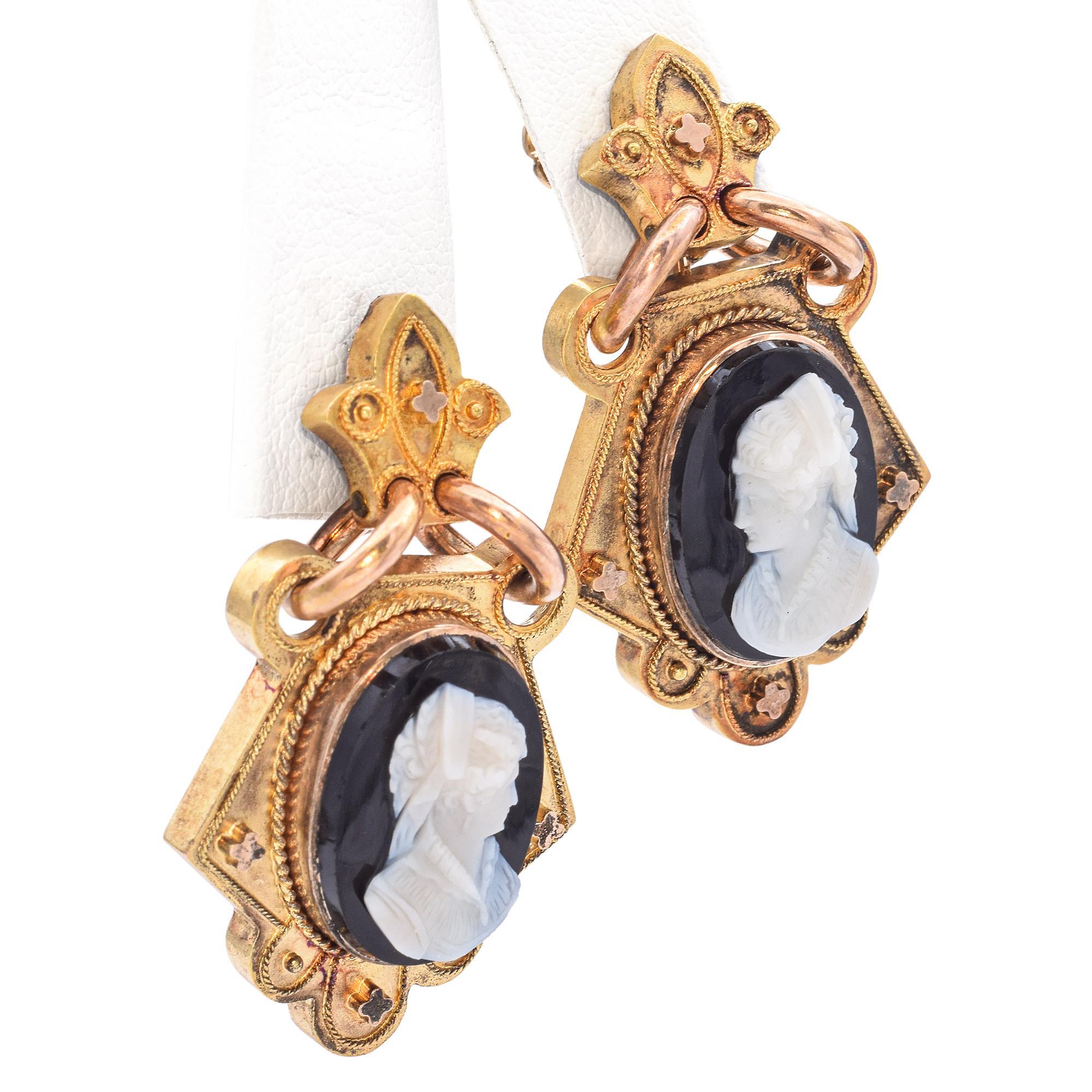 Antique Victorian 21k Yellow Gold Hardstone Cameo Statement Earrings For Sale 1