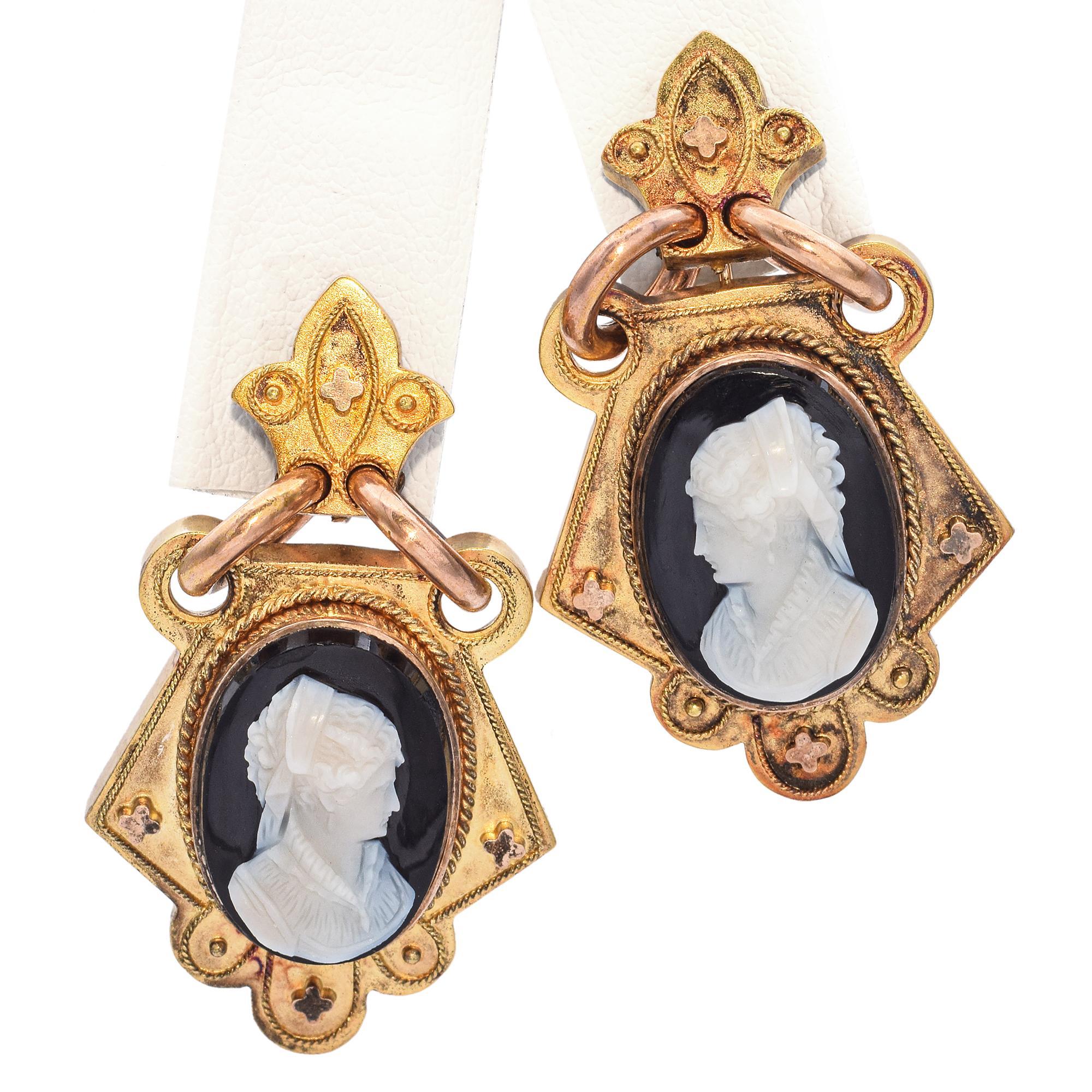 Antique Victorian 21k Yellow Gold Hardstone Cameo Statement Earrings For Sale 2