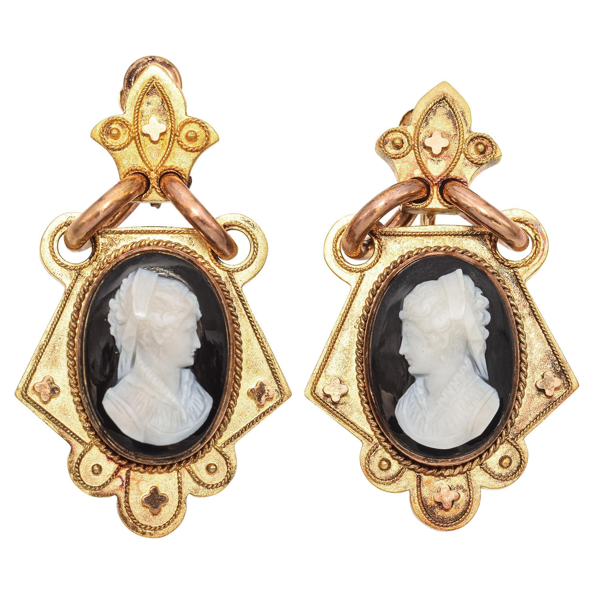 Antique Victorian 21k Yellow Gold Hardstone Cameo Statement Earrings For Sale