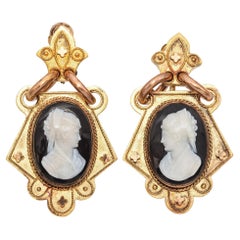 Antique Victorian 21k Yellow Gold Hardstone Cameo Statement Earrings