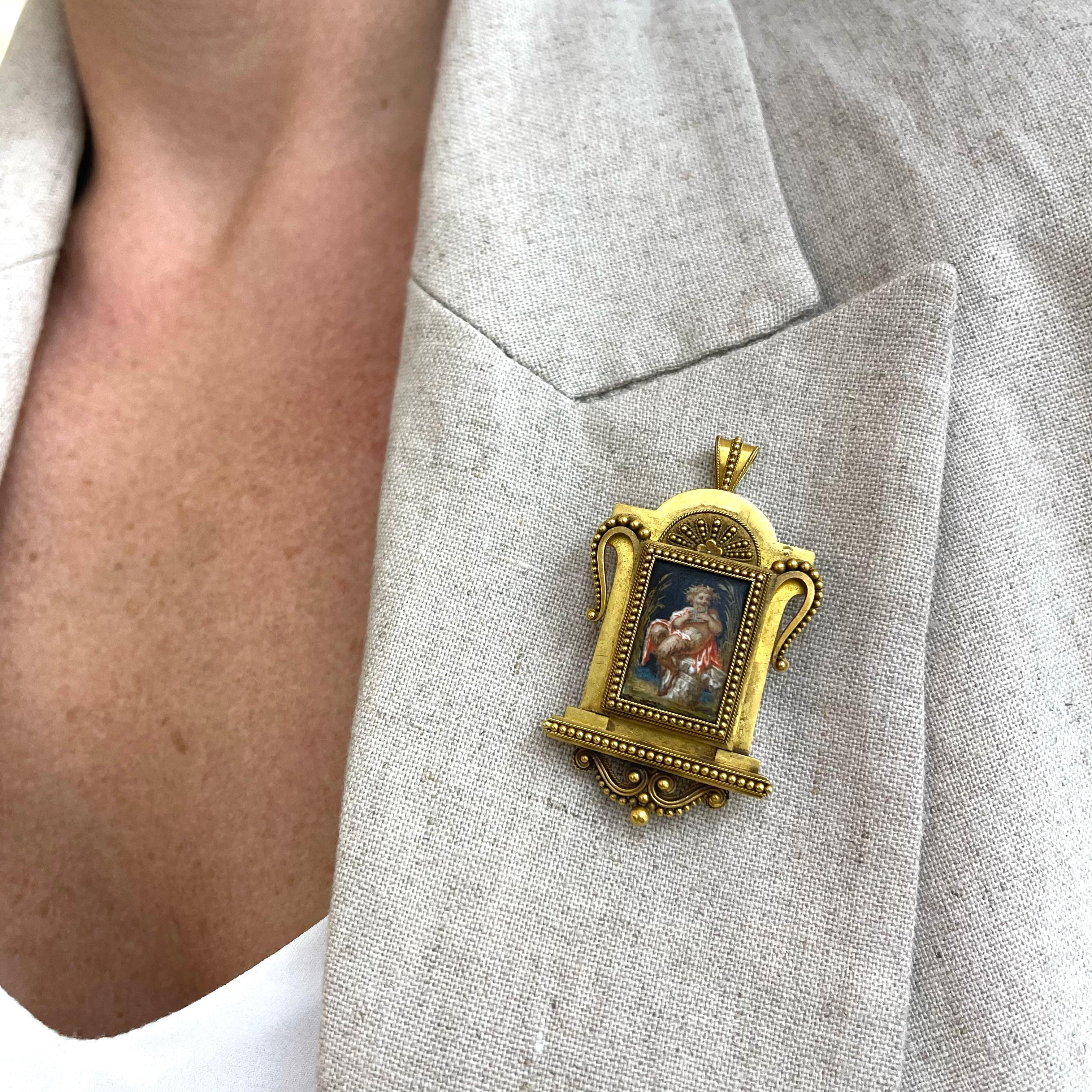 Antique Victorian 22K Gold 18th Century French Enamel Pin Brooch Locket Pendant In Excellent Condition For Sale In Houston, TX