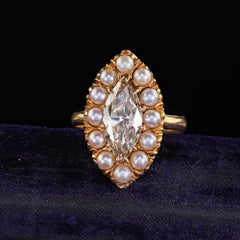 Antique Victorian 22K Yellow Gold Marquise Diamond Pearl Engagement Ring - GIA